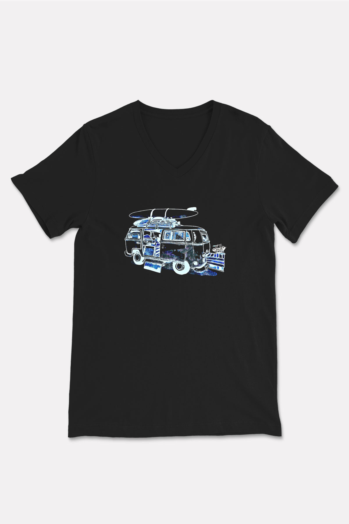 Sörf - Surfing Baskılı Unisex Siyah V Yaka Tişört
