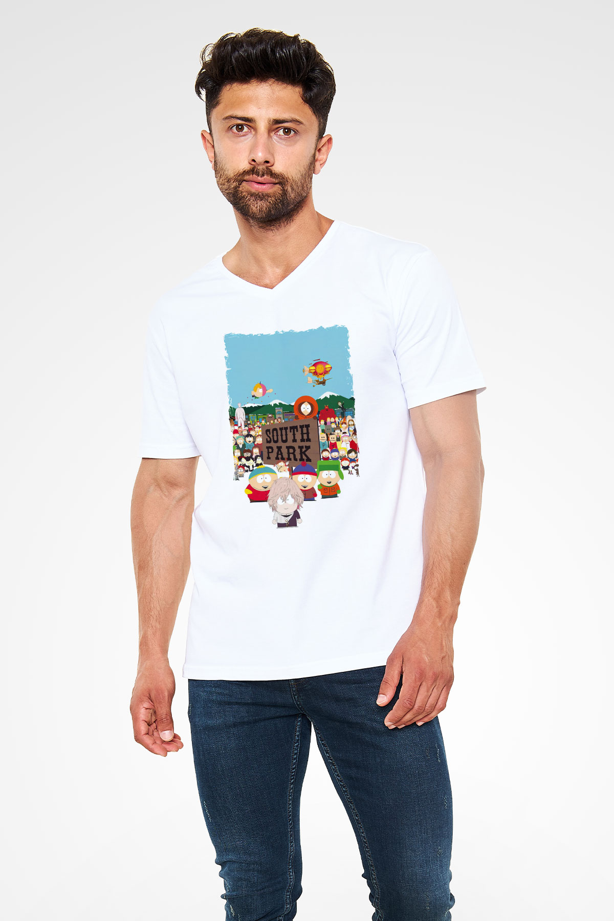South Park Beyaz Unisex V Yaka Tişört