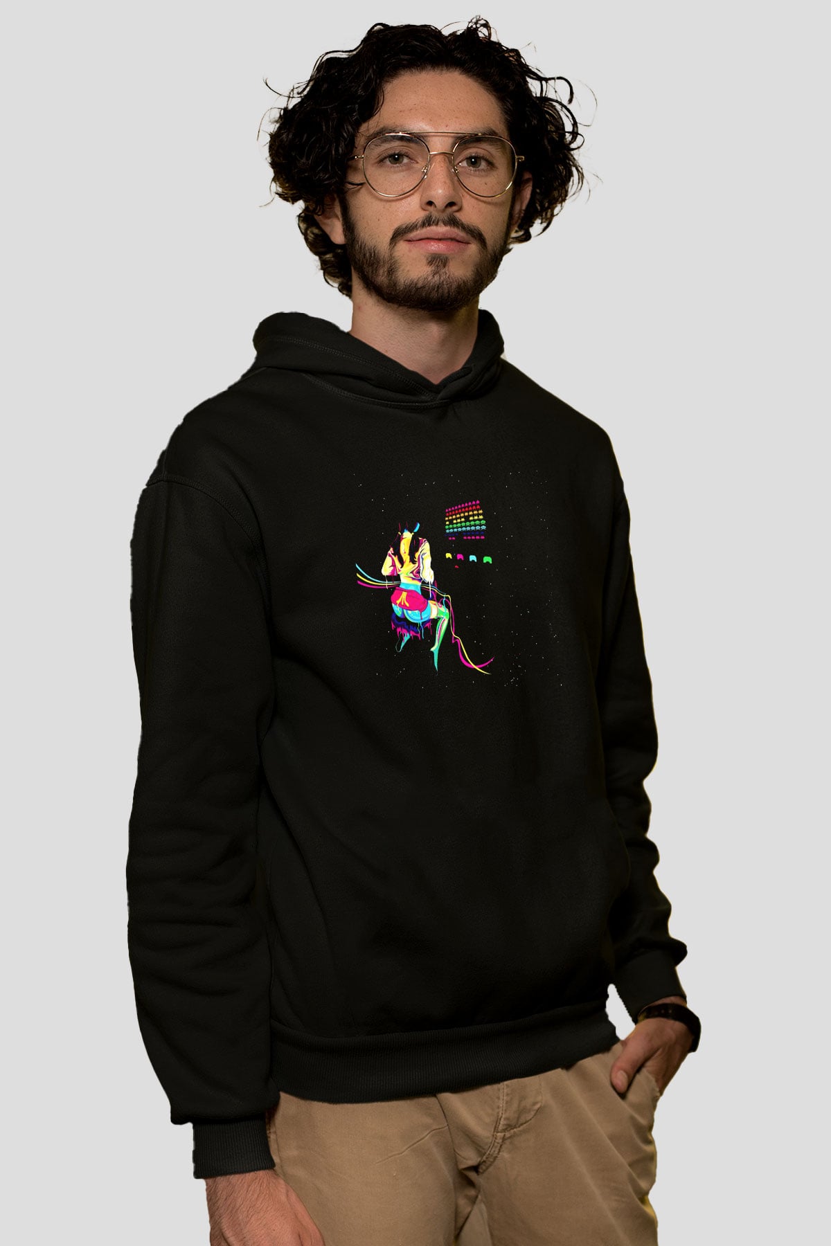 Space Invaders Siyah Unisex Kapüşonlu Sweatshirt