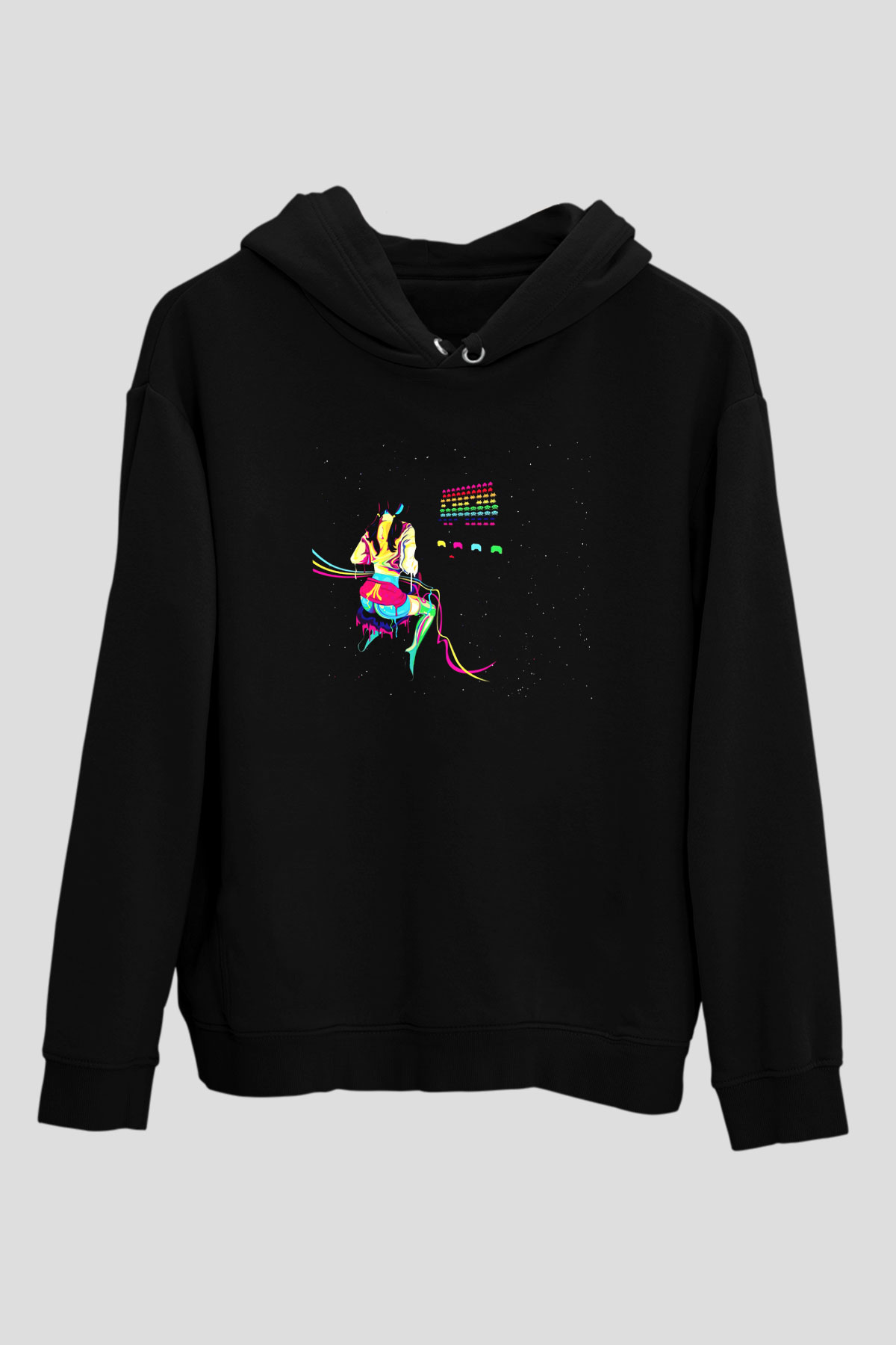 Space Invaders Siyah Unisex Kapüşonlu Sweatshirt