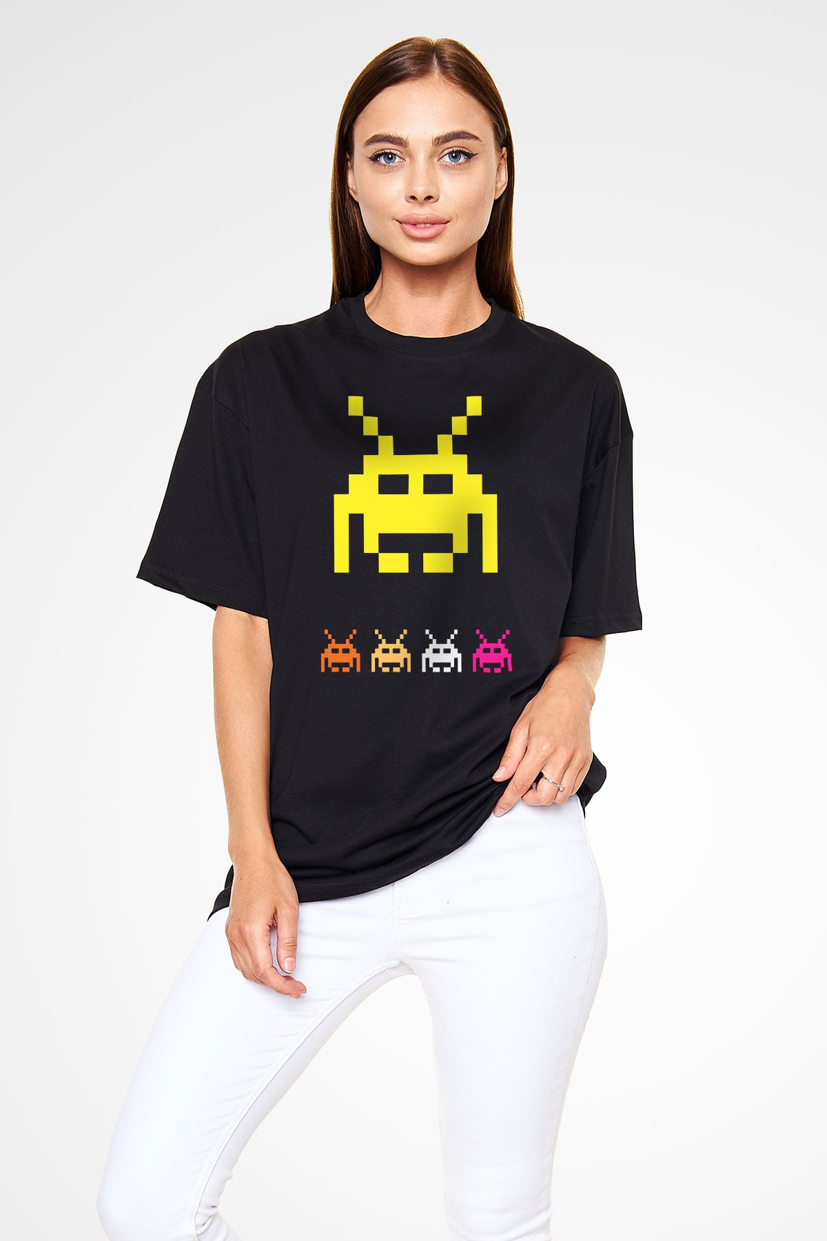 Space Invaders Siyah Oversize Tişört
