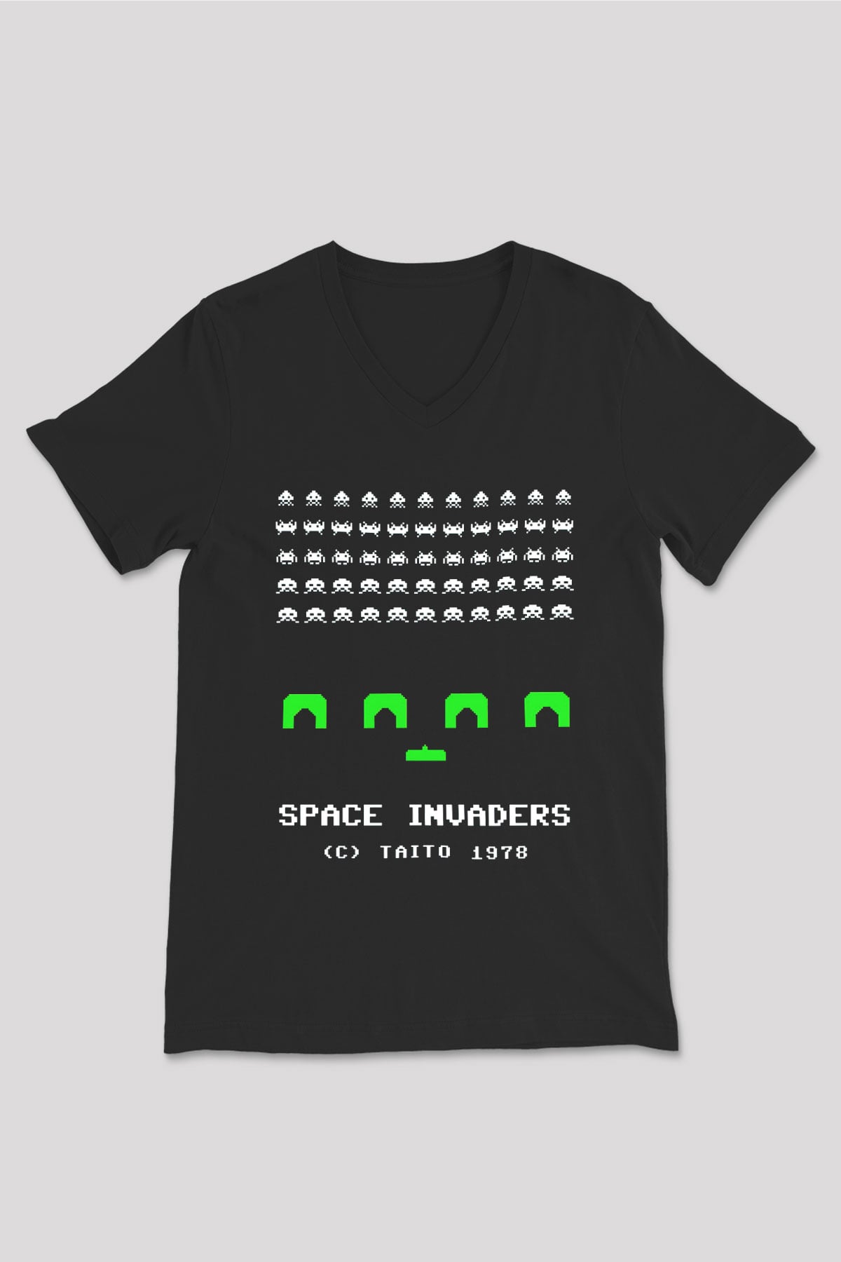 Space Invaders Siyah Unisex  V Yaka Tişört