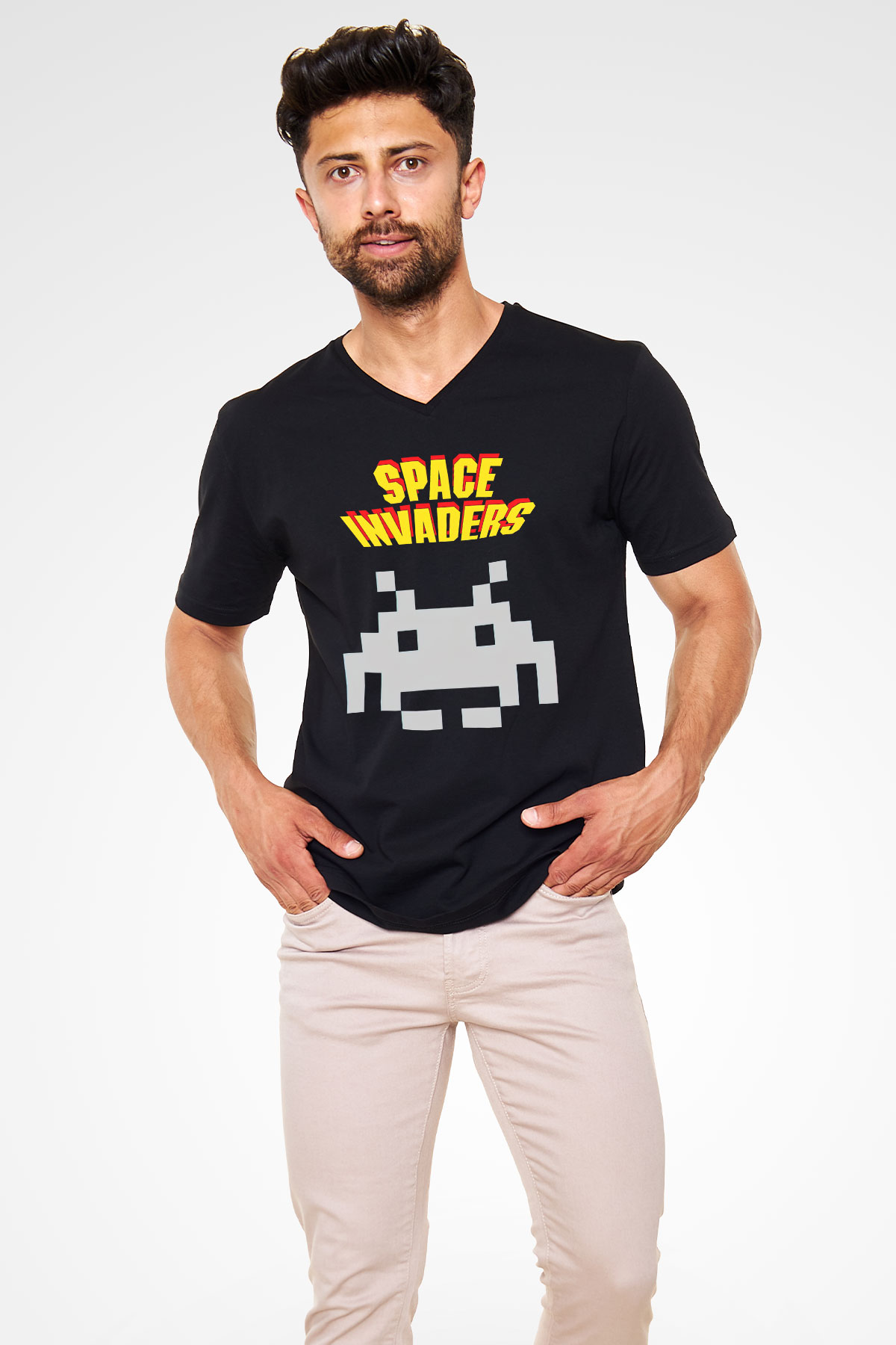Space Invaders Siyah Unisex  V Yaka Tişört