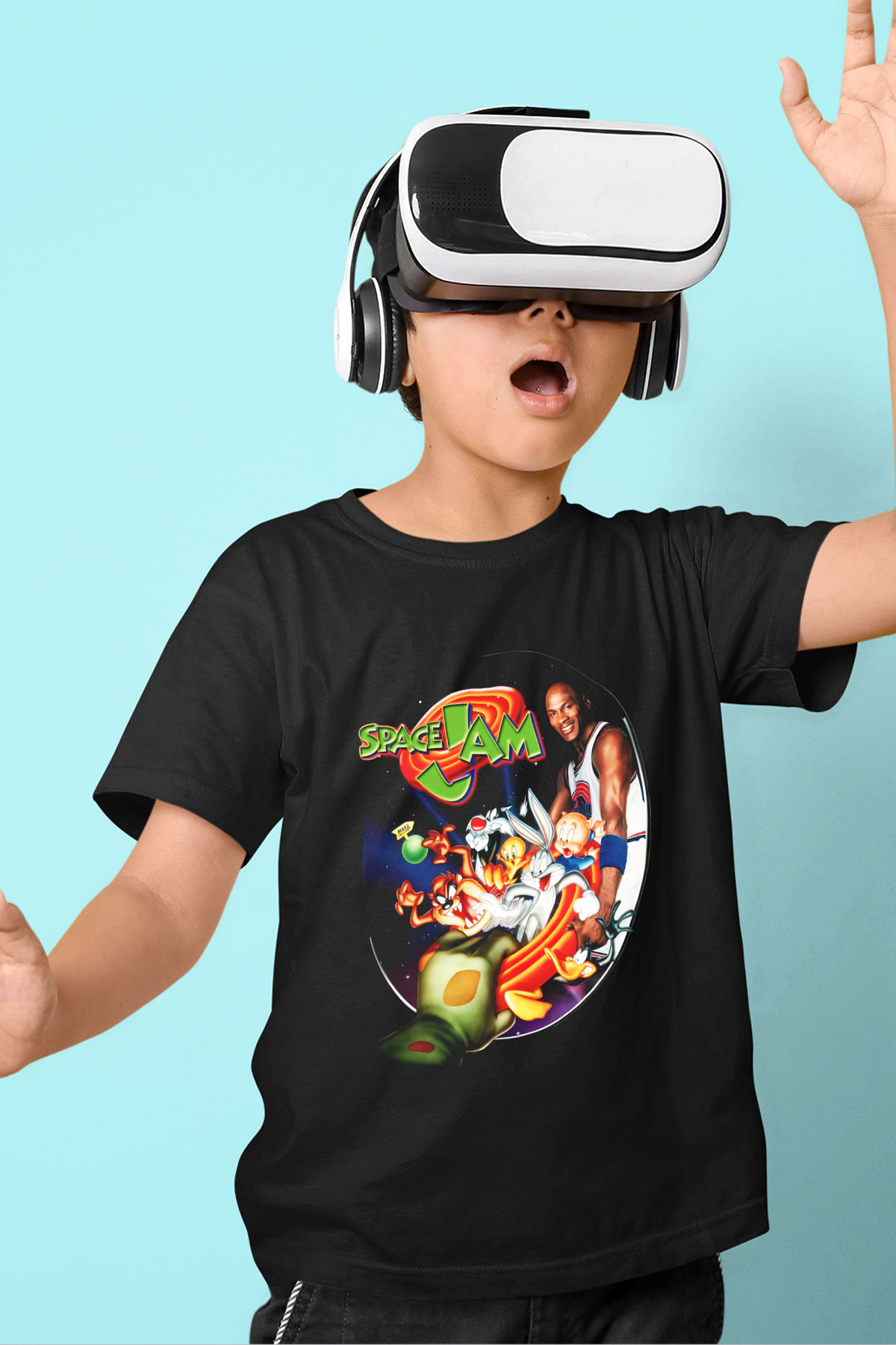Space Jam Baskılı Siyah Unisex Çocuk Tişört