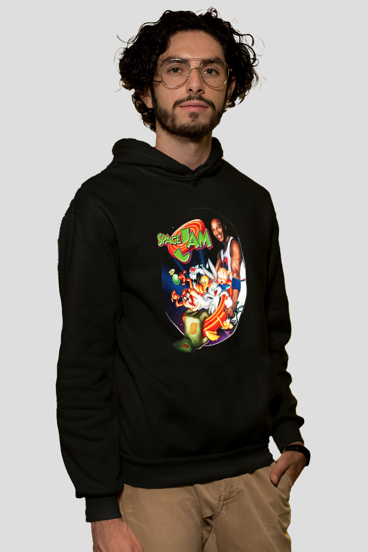 Space Jam Siyah Unisex Kapüşonlu Sweatshirt