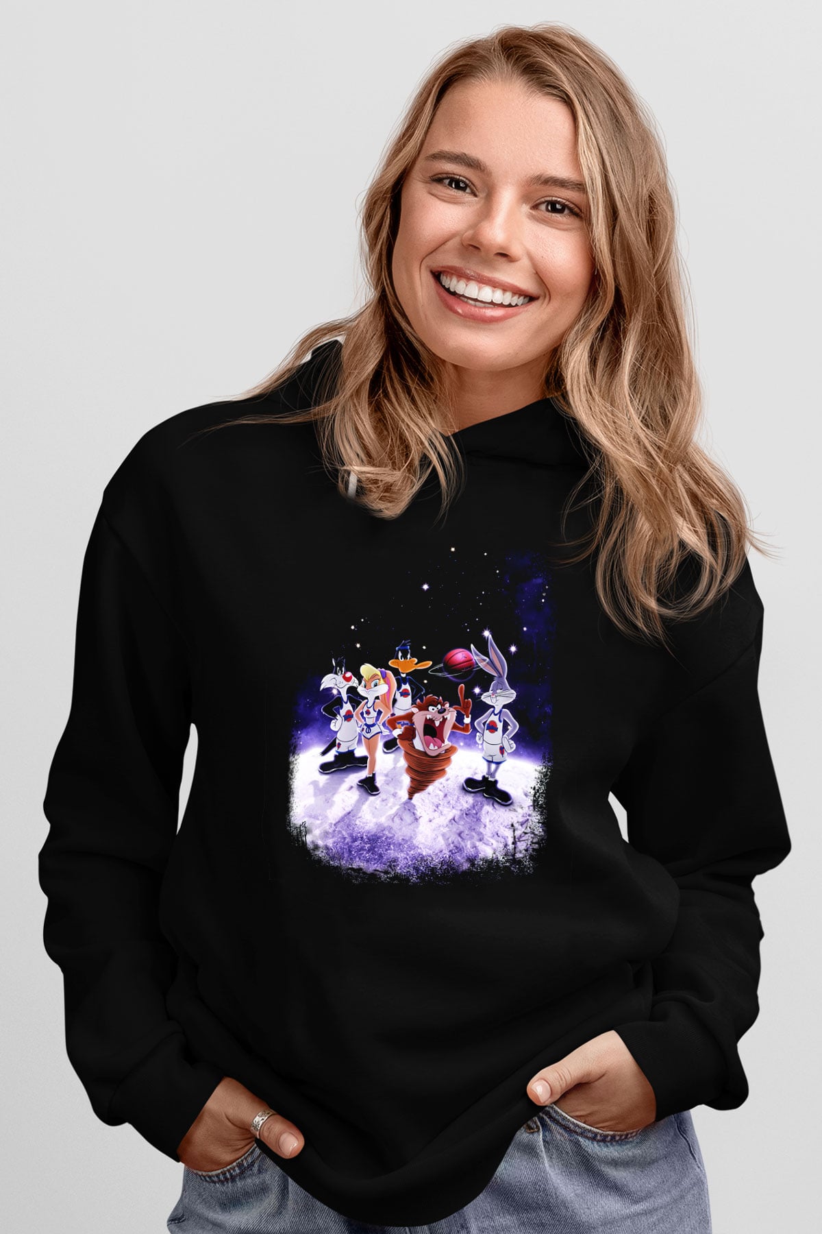 Space Jam Siyah Unisex Kapüşonlu Sweatshirt