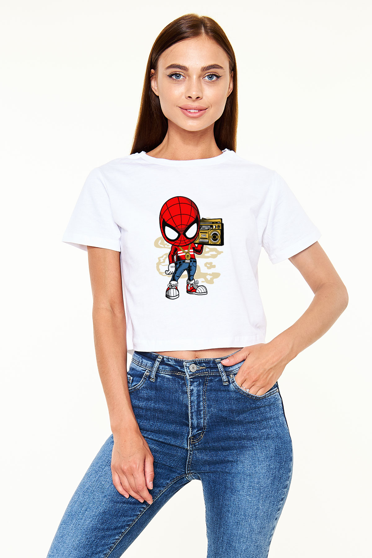 Spider Boombox Baskılı Beyaz Kadın Crop Top Tişört