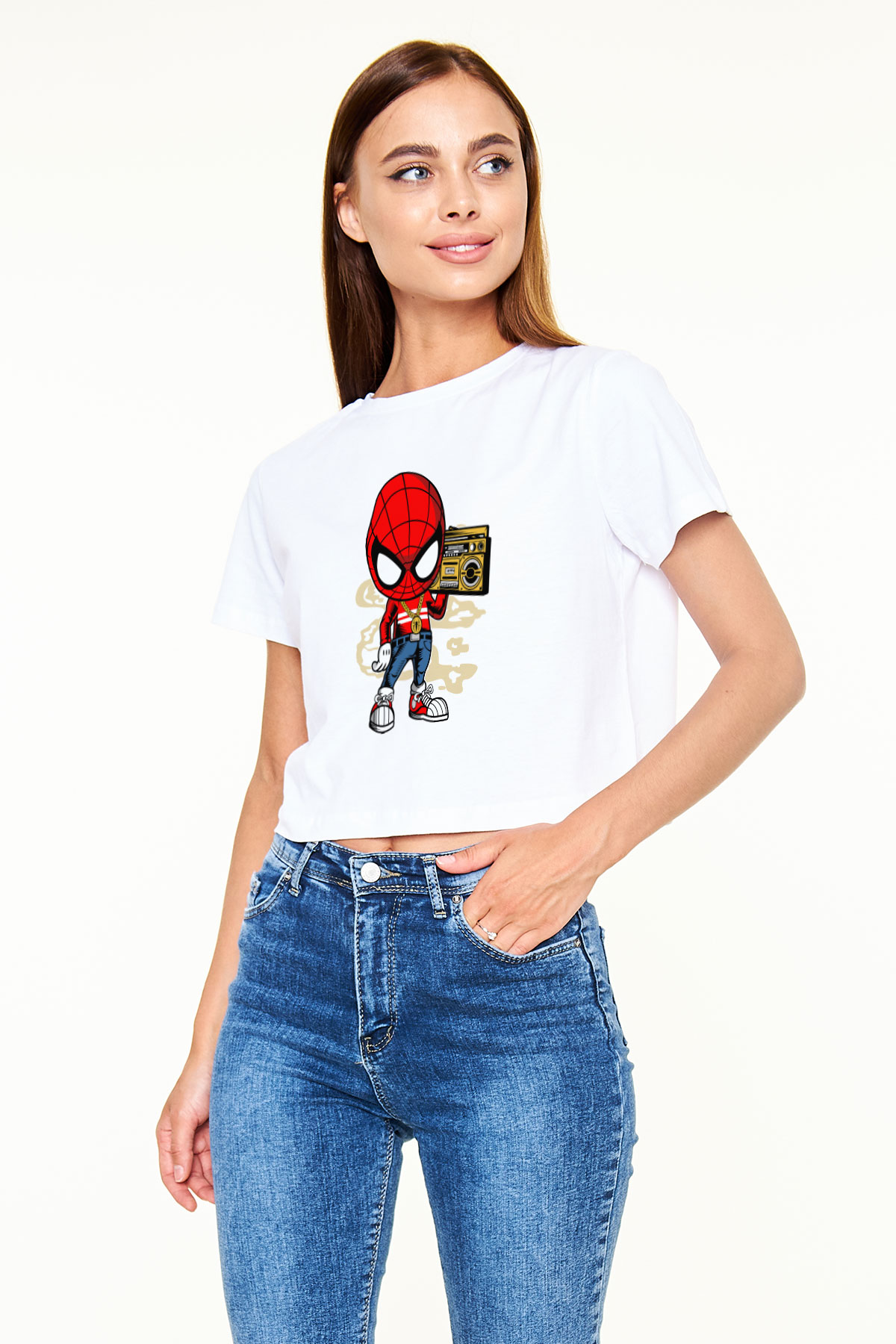 Spider Boombox Baskılı Beyaz Kadın Crop Top Tişört