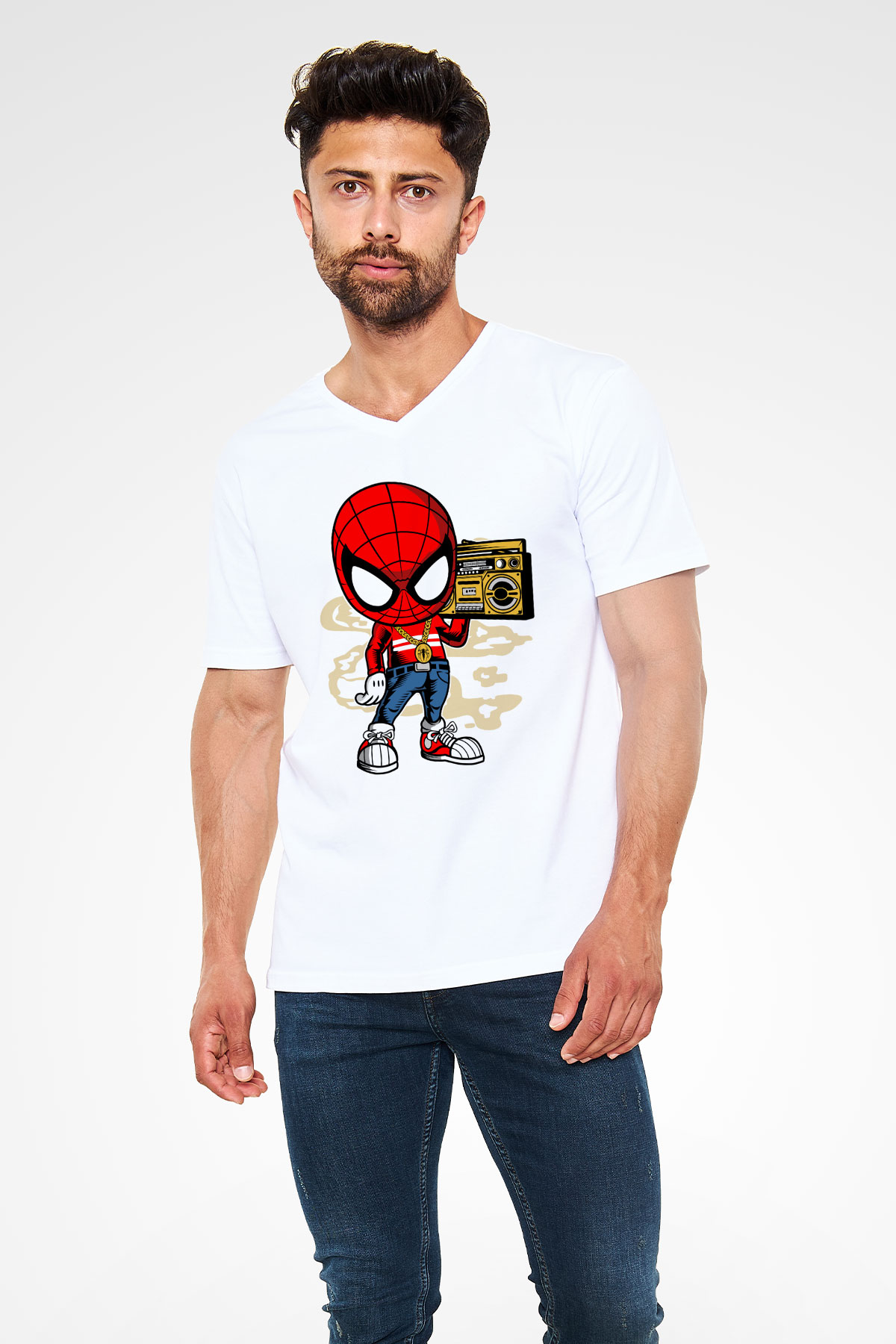 Spider Boombox Baskılı Beyaz Unisex V Yaka Tişört