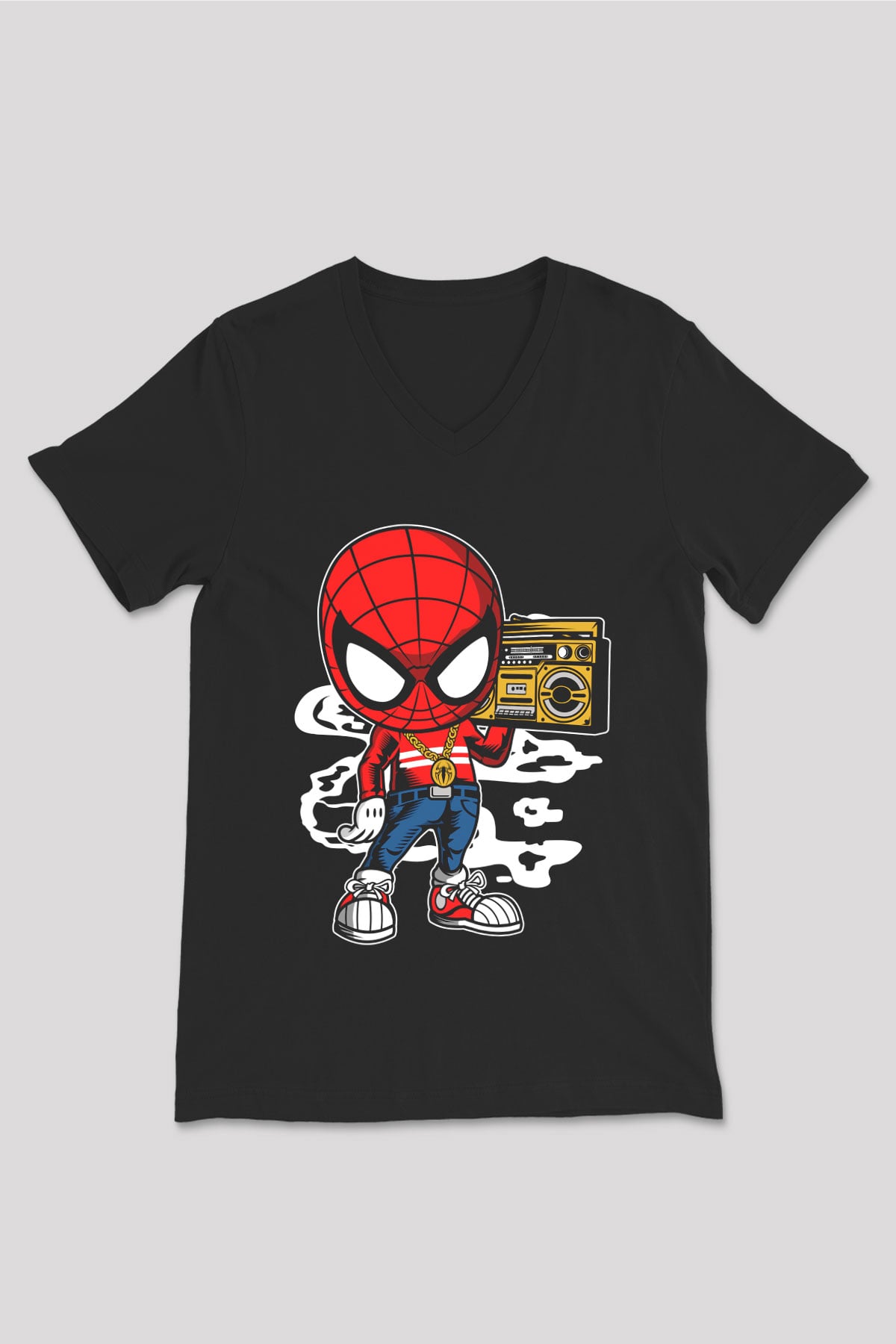 Spider Boombox Baskılı Siyah Unisex V Yaka Tişört