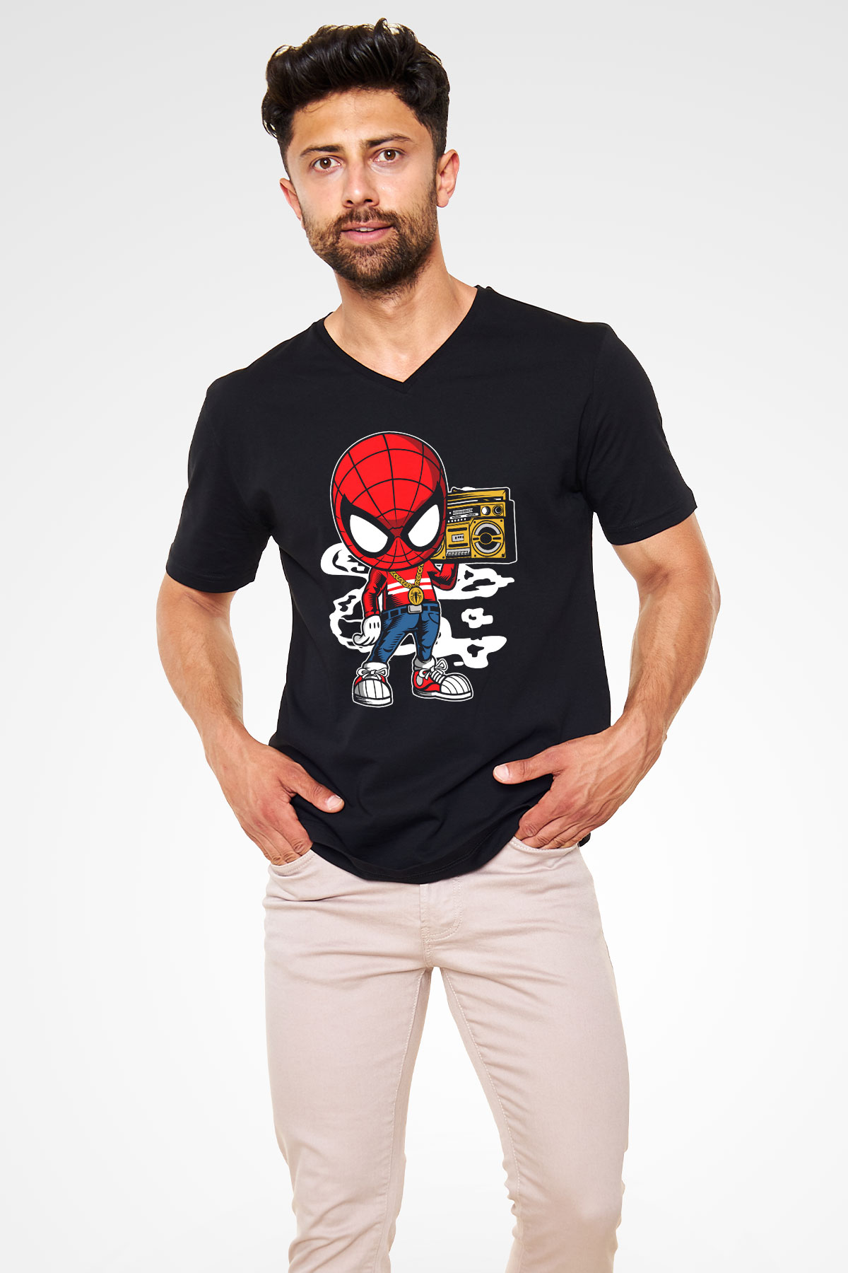Spider Boombox Baskılı Siyah Unisex V Yaka Tişört