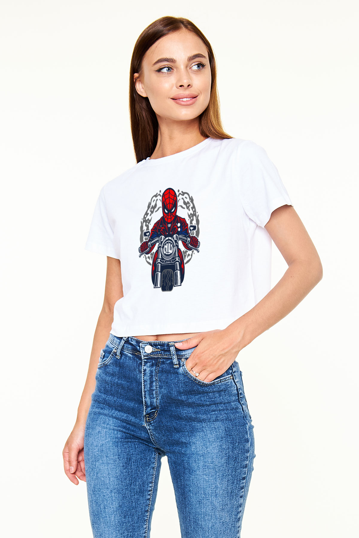 Spider Rider Baskılı Beyaz Kadın Crop Top Tişört
