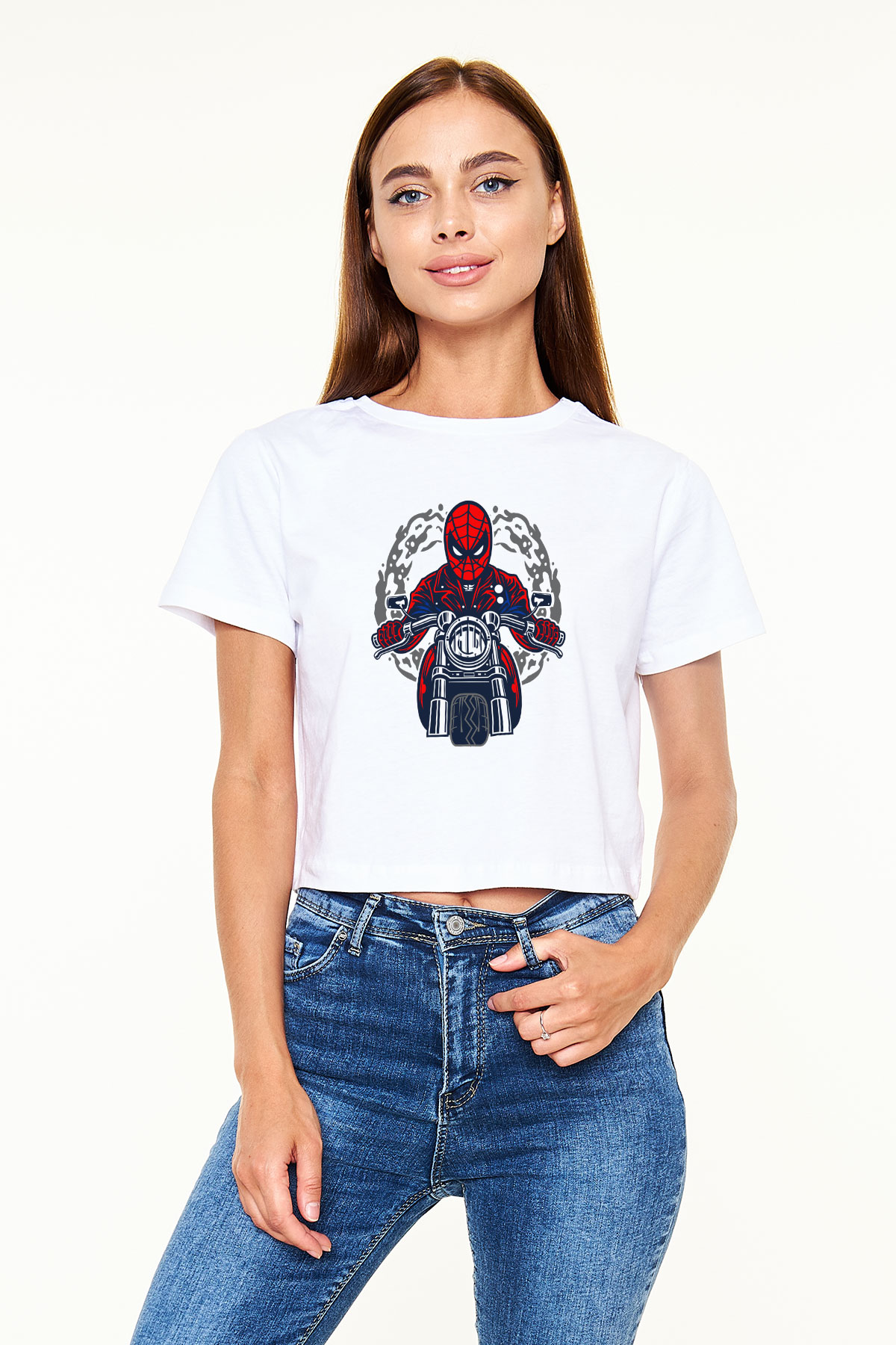 Spider Rider Baskılı Beyaz Kadın Crop Top Tişört