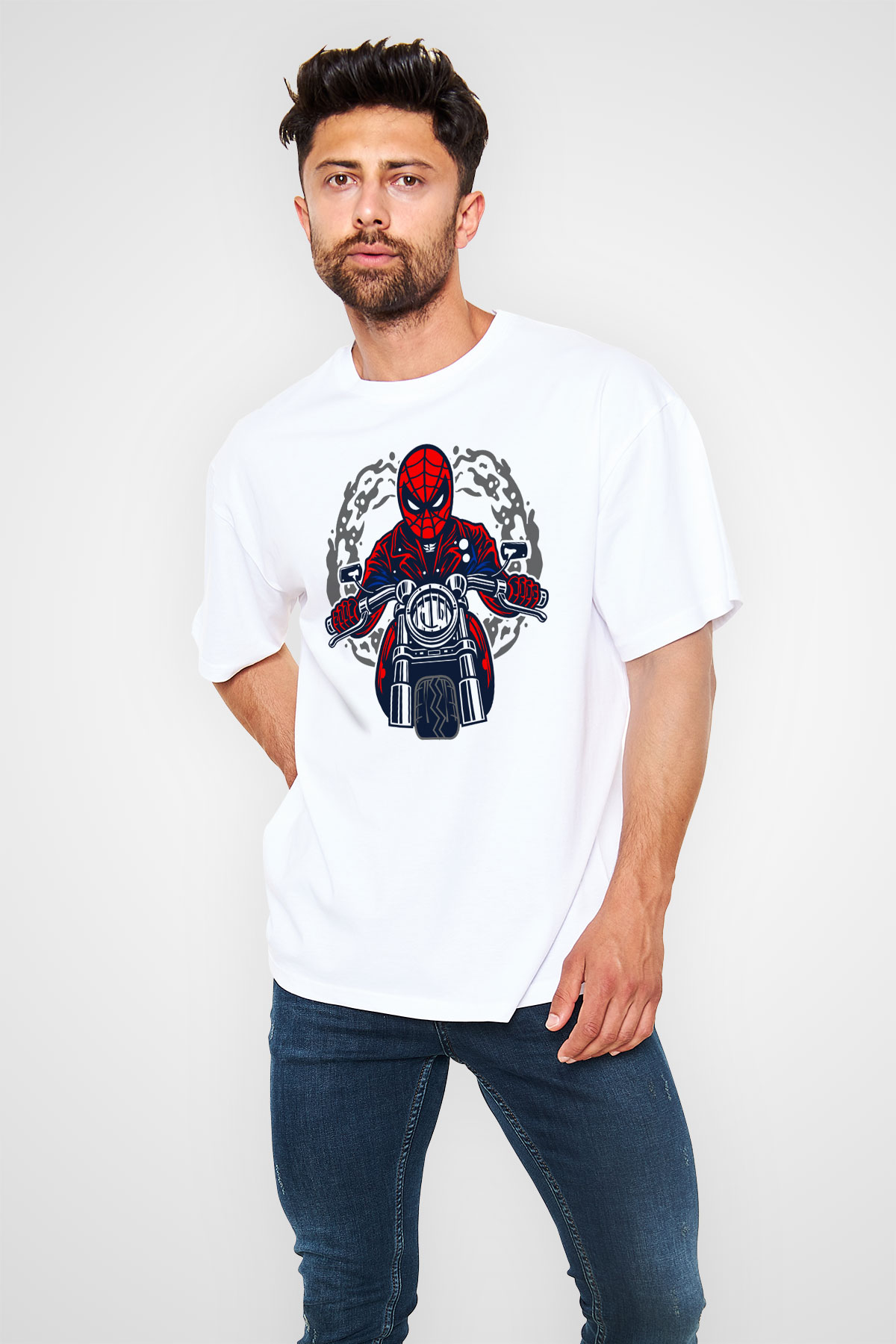 Spider Rider Baskılı Beyaz Unisex Oversize Tişört