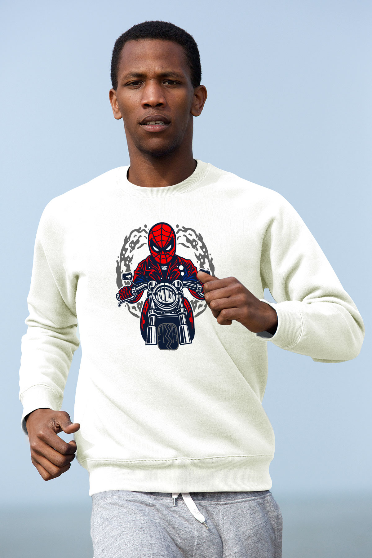 Spider Rider Baskılı Beyaz Unisex Sweatshirt