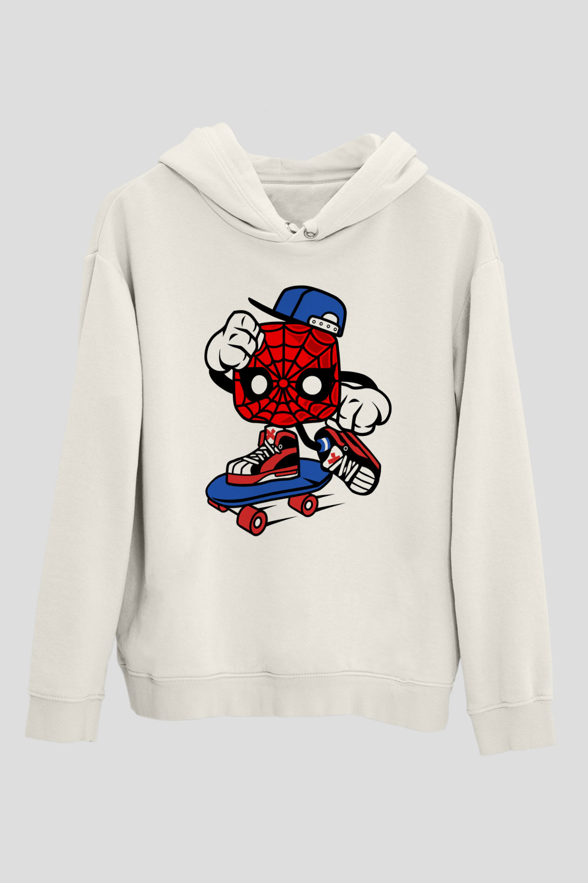 Spider Skater Baskılı Beyaz Unisex Hoodie