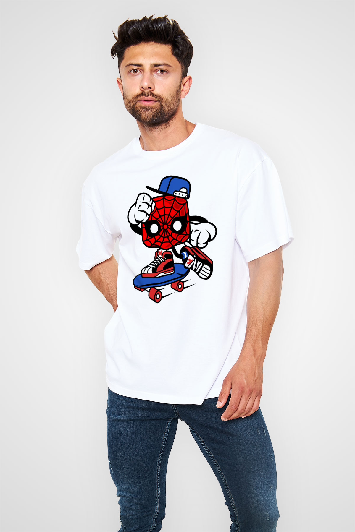 Spider Skater Baskılı Beyaz Unisex Oversize Tişört