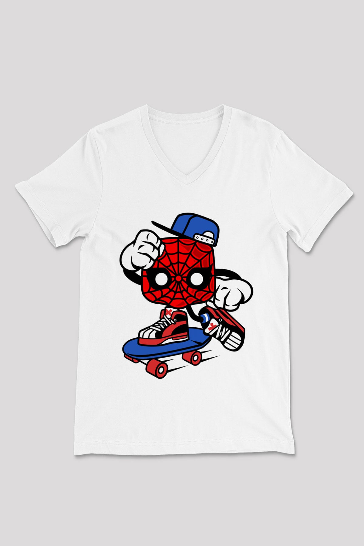 Spider Skater Baskılı Beyaz Unisex V Yaka Tişört
