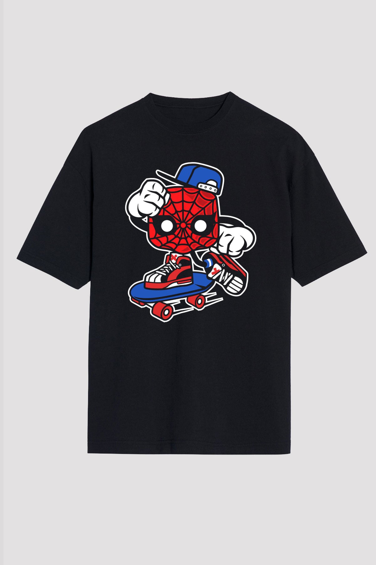 Spider Skater Baskılı Siyah Unisex Oversize Tişört