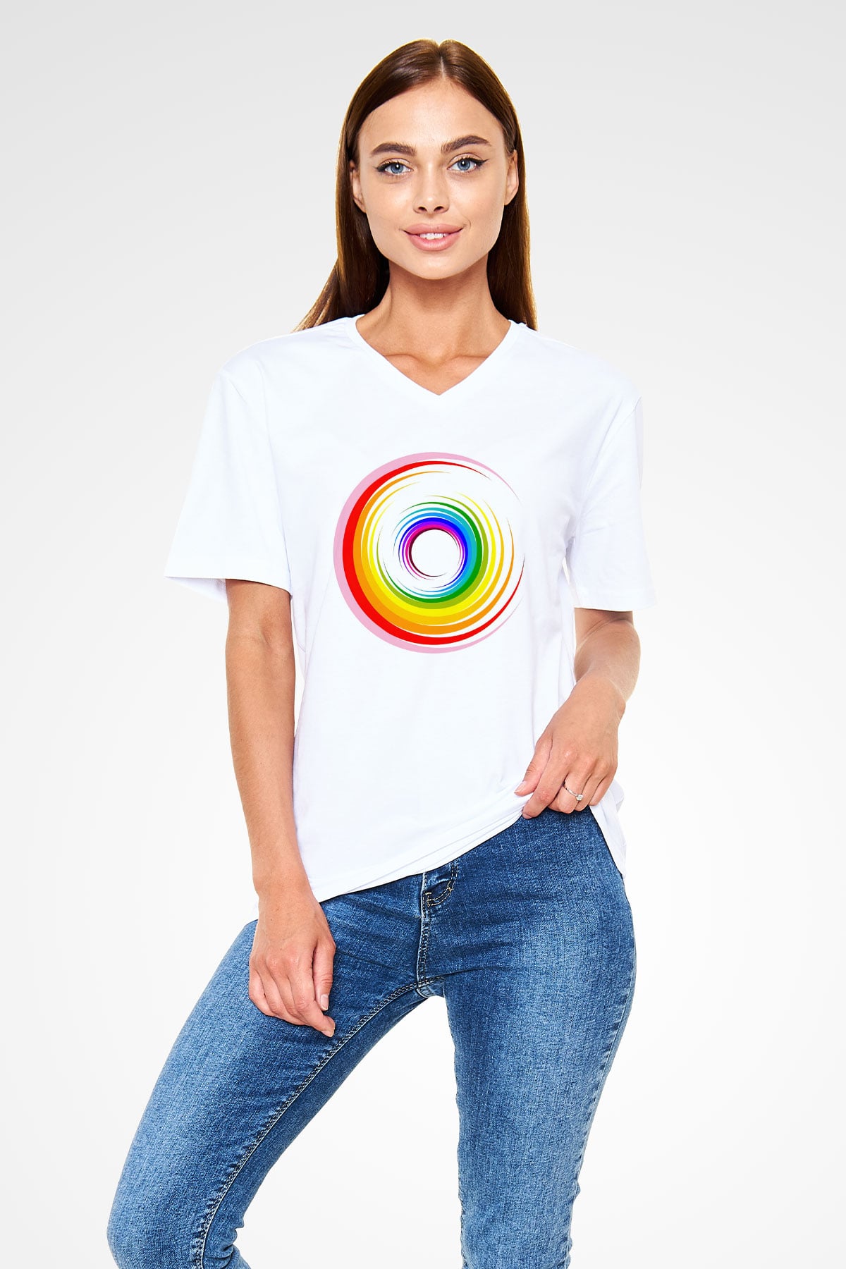 Spiral Beyaz Unisex V Yaka Tişört