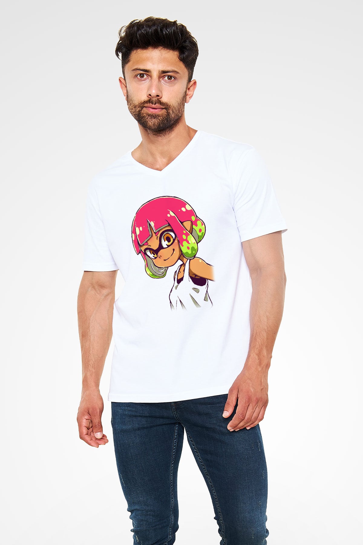 Splatoon Beyaz Unisex V Yaka Tişört T-Shirt
