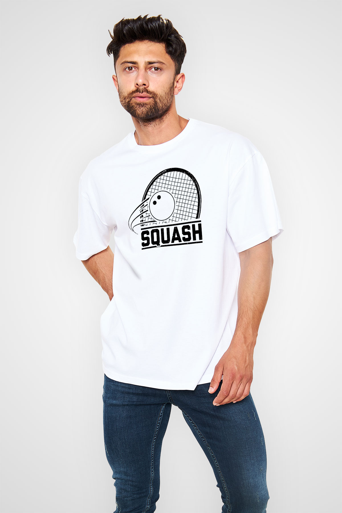 Squash Baskılı Unisex Beyaz Oversize Tişört - Tshirt