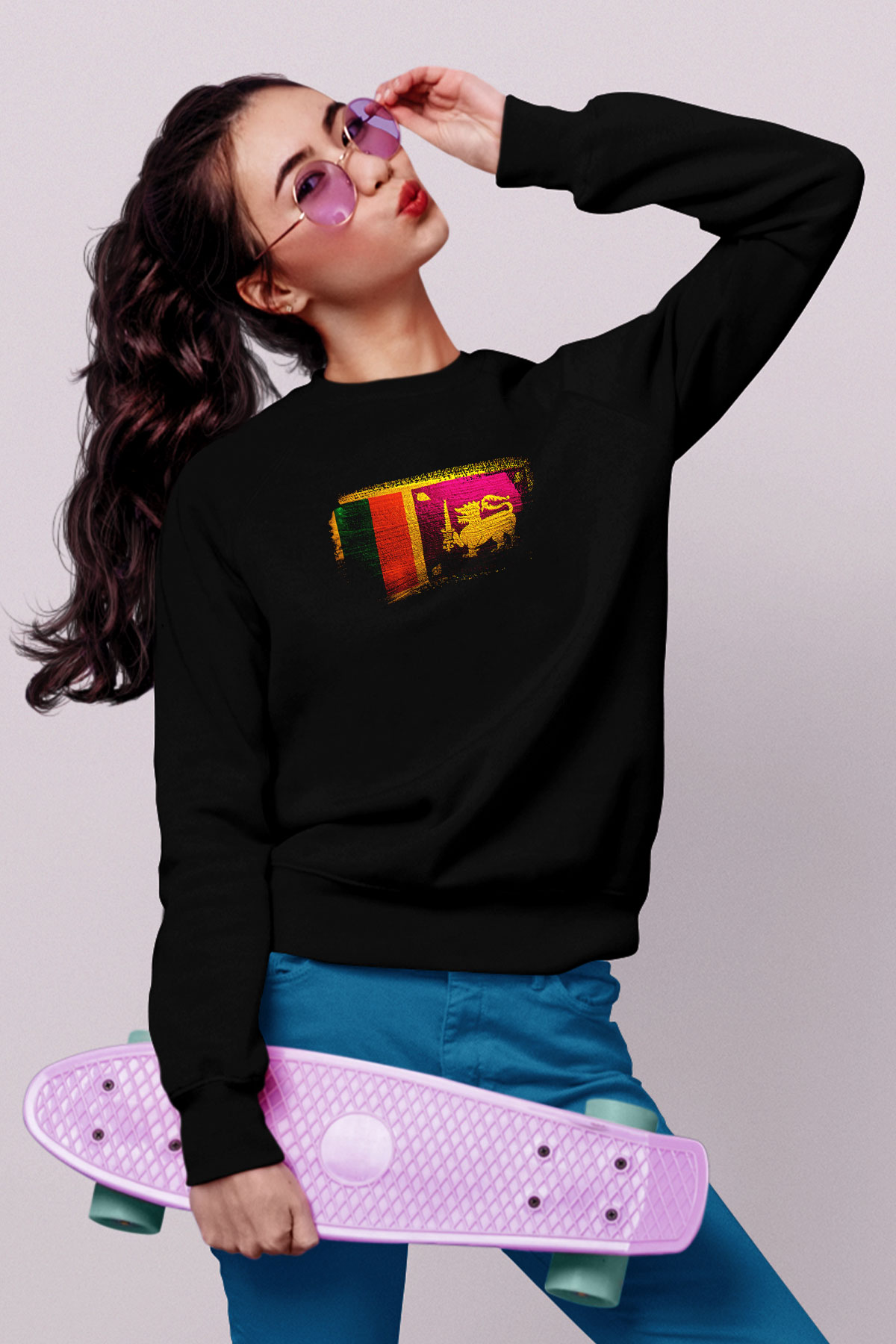 Sri Lanka Bayrağı Baskılı Unisex Siyah Sweatshirt
