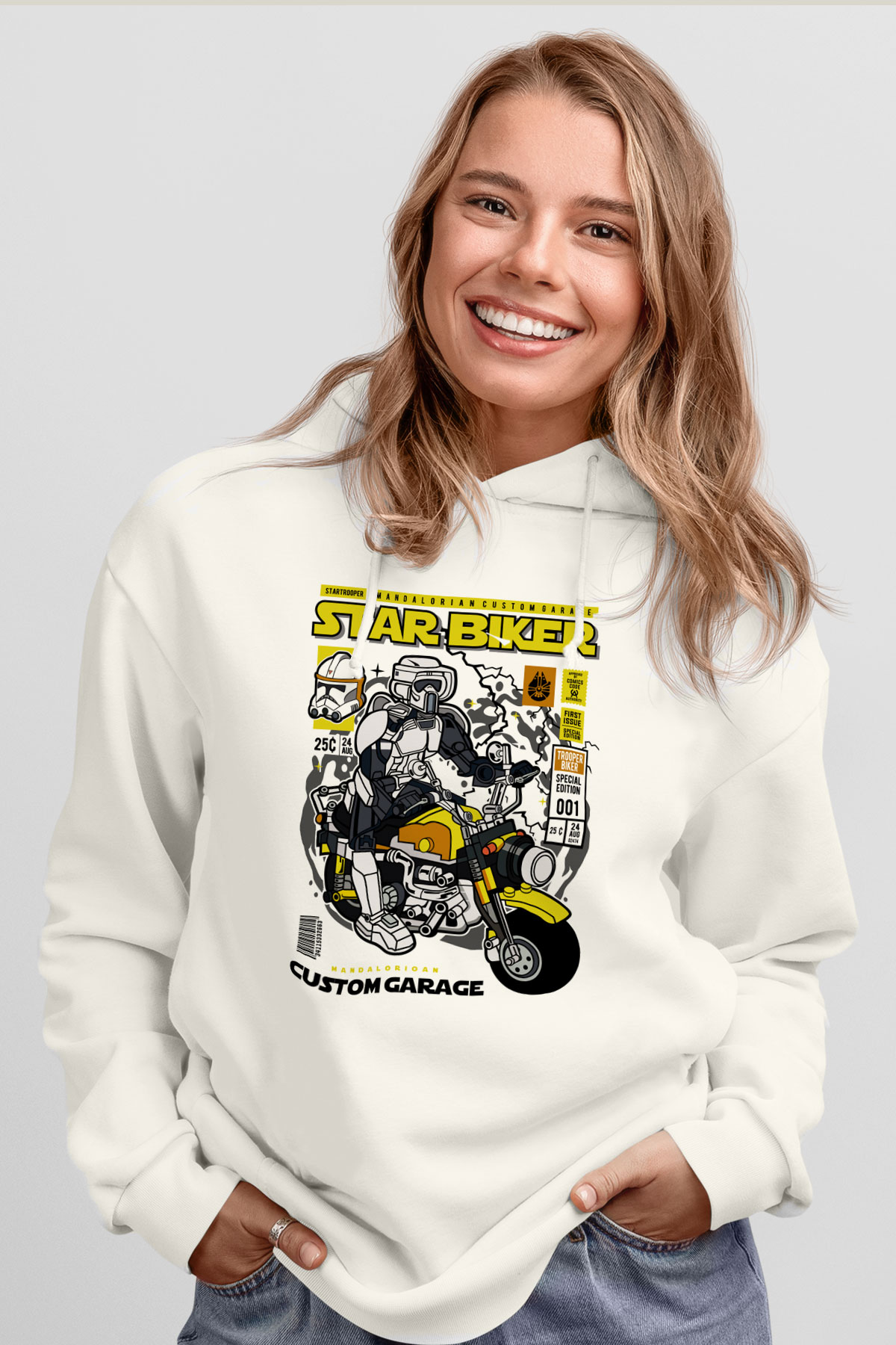 Star Biker Baskılı Unisex Beyaz Hoodie