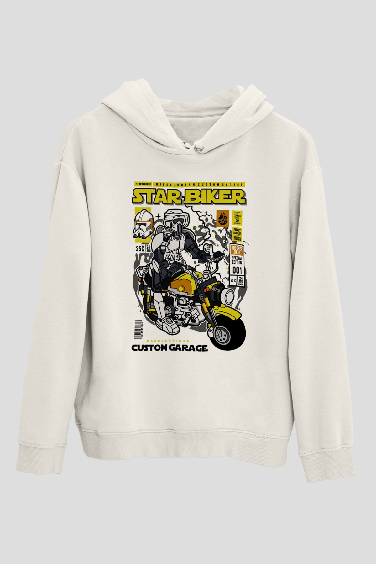Star Biker Baskılı Unisex Beyaz Hoodie