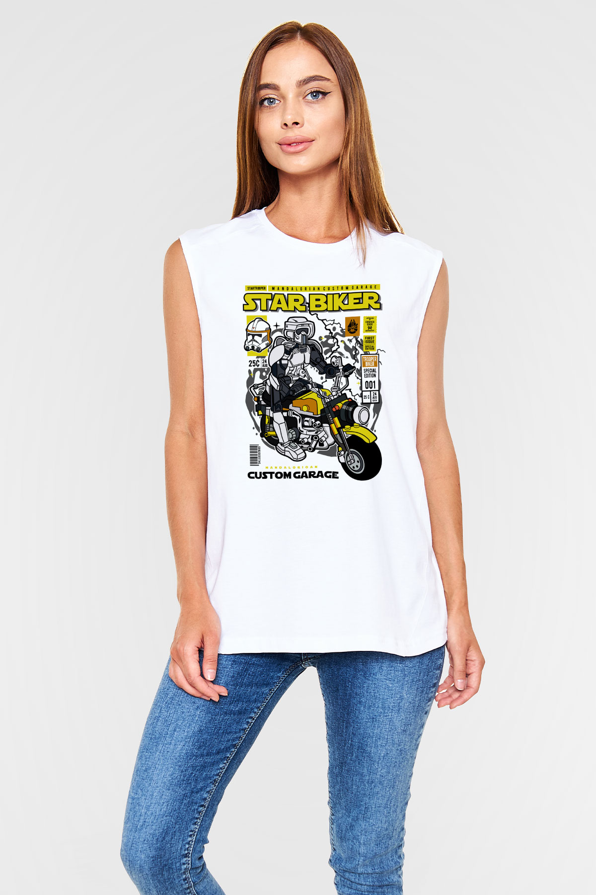 Star Biker Baskılı Unisex Beyaz Kolsuz Tişört