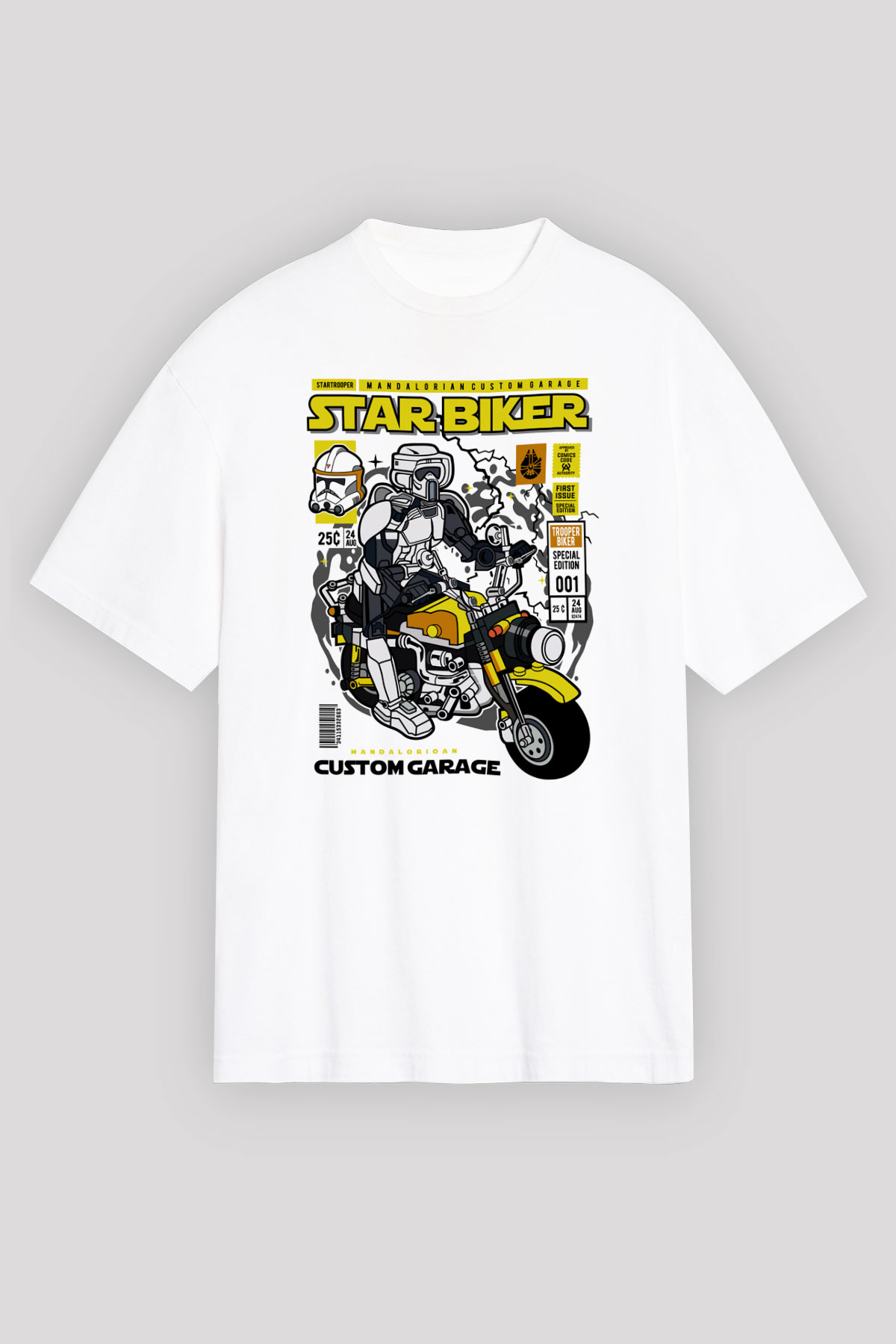Star Biker Baskılı Unisex Beyaz Oversize Tişört