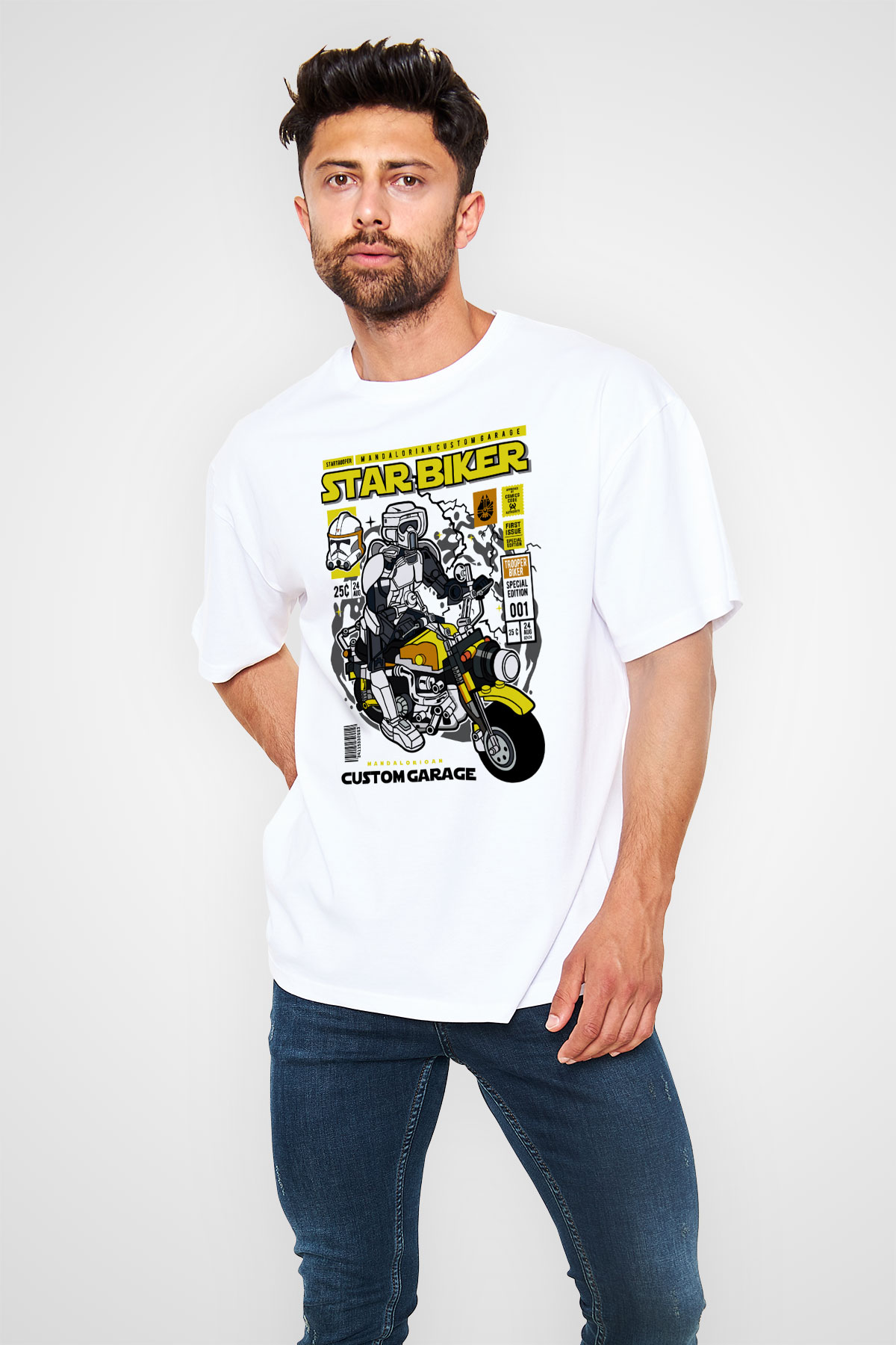 Star Biker Baskılı Unisex Beyaz Oversize Tişört