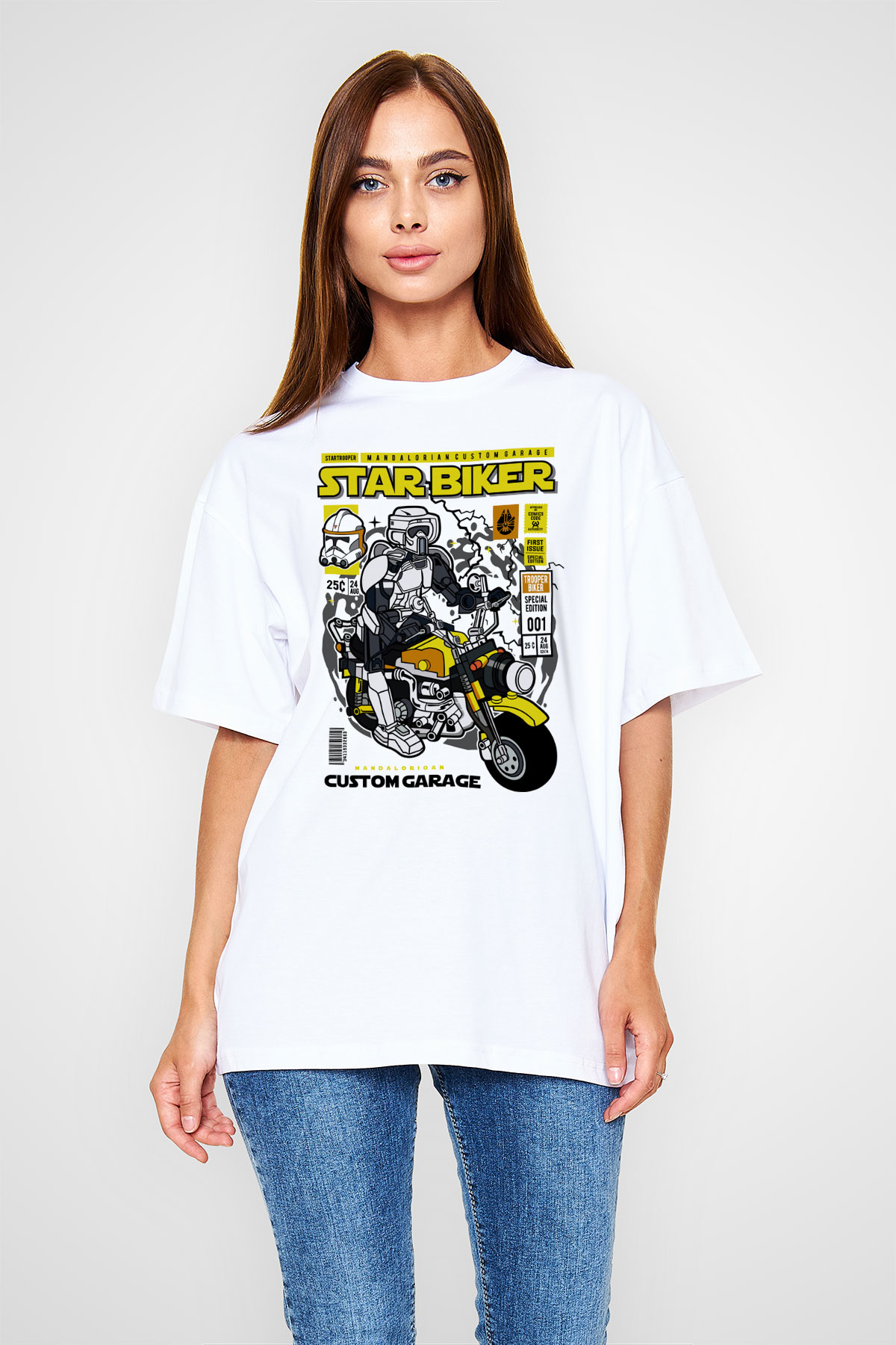 Star Biker Baskılı Unisex Beyaz Oversize Tişört