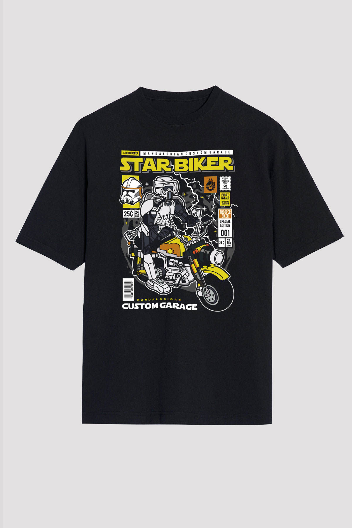 Star Biker Baskılı Unisex Siyah Oversize Tişört