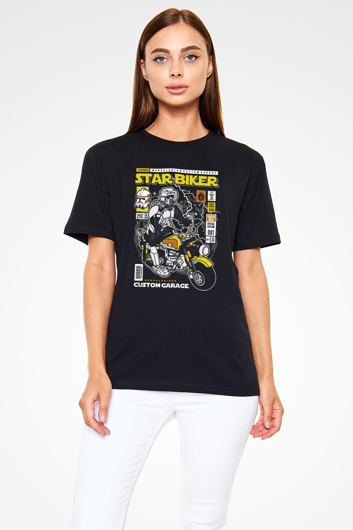 Star Biker Baskılı Unisex Siyah Tişört