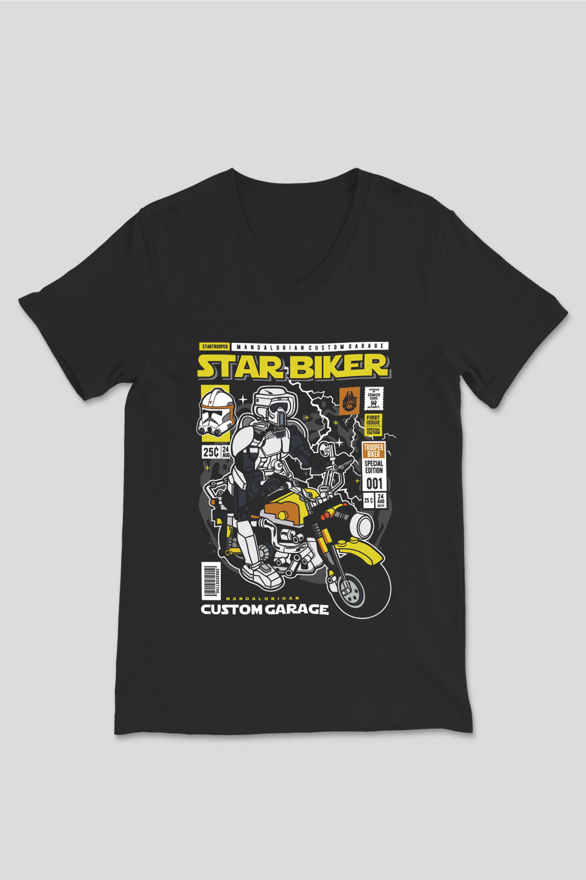 Star Biker Baskılı Unisex Siyah V Yaka Tişört