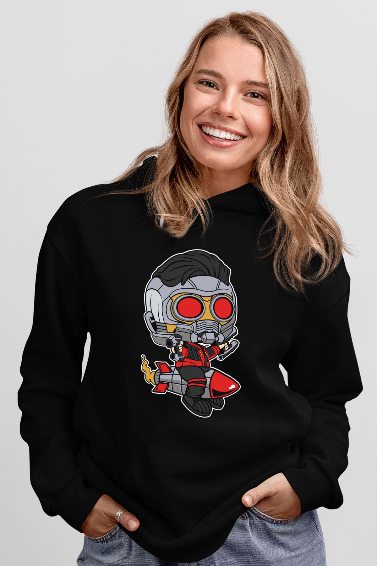 Star Lord Rocket Baskılı Siyah Unisex Hoodie