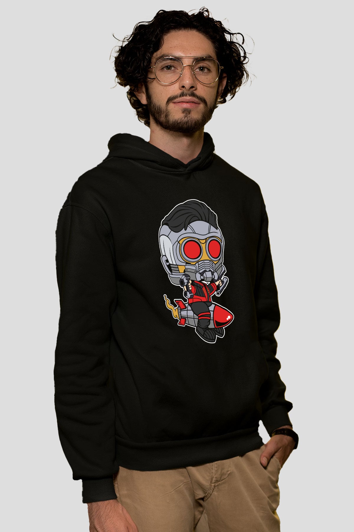 Star Lord Rocket Baskılı Siyah Unisex Hoodie