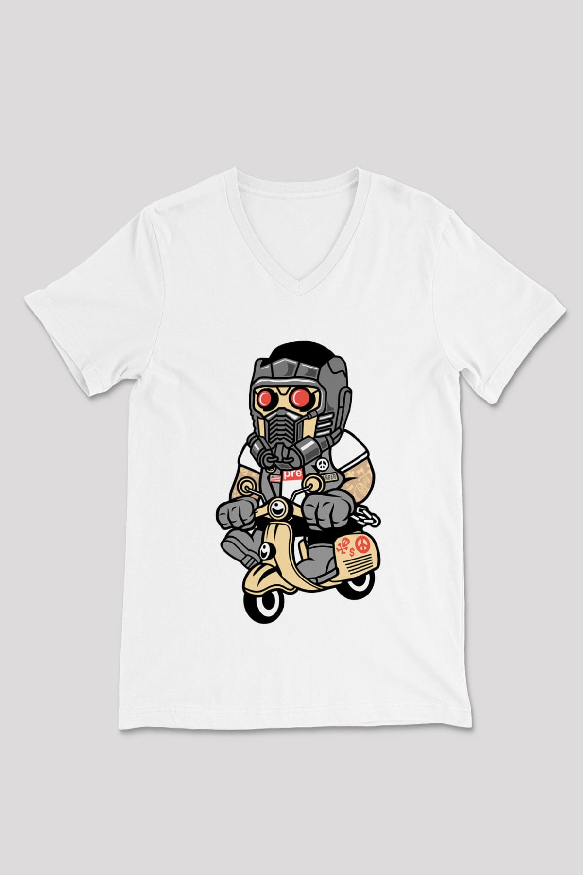 Star Lord Scooter Baskılı Beyaz Unisex V Yaka Tişört