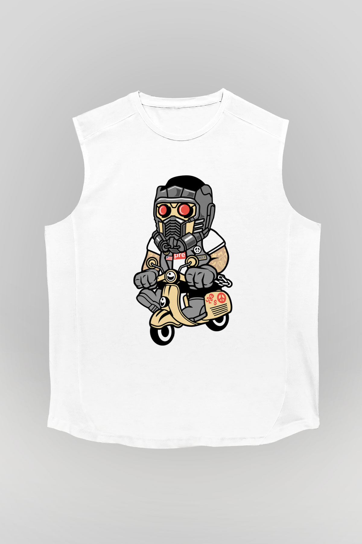 Star Lord Scooter Baskılı Beyaz Unisex Kolsuz Tişört