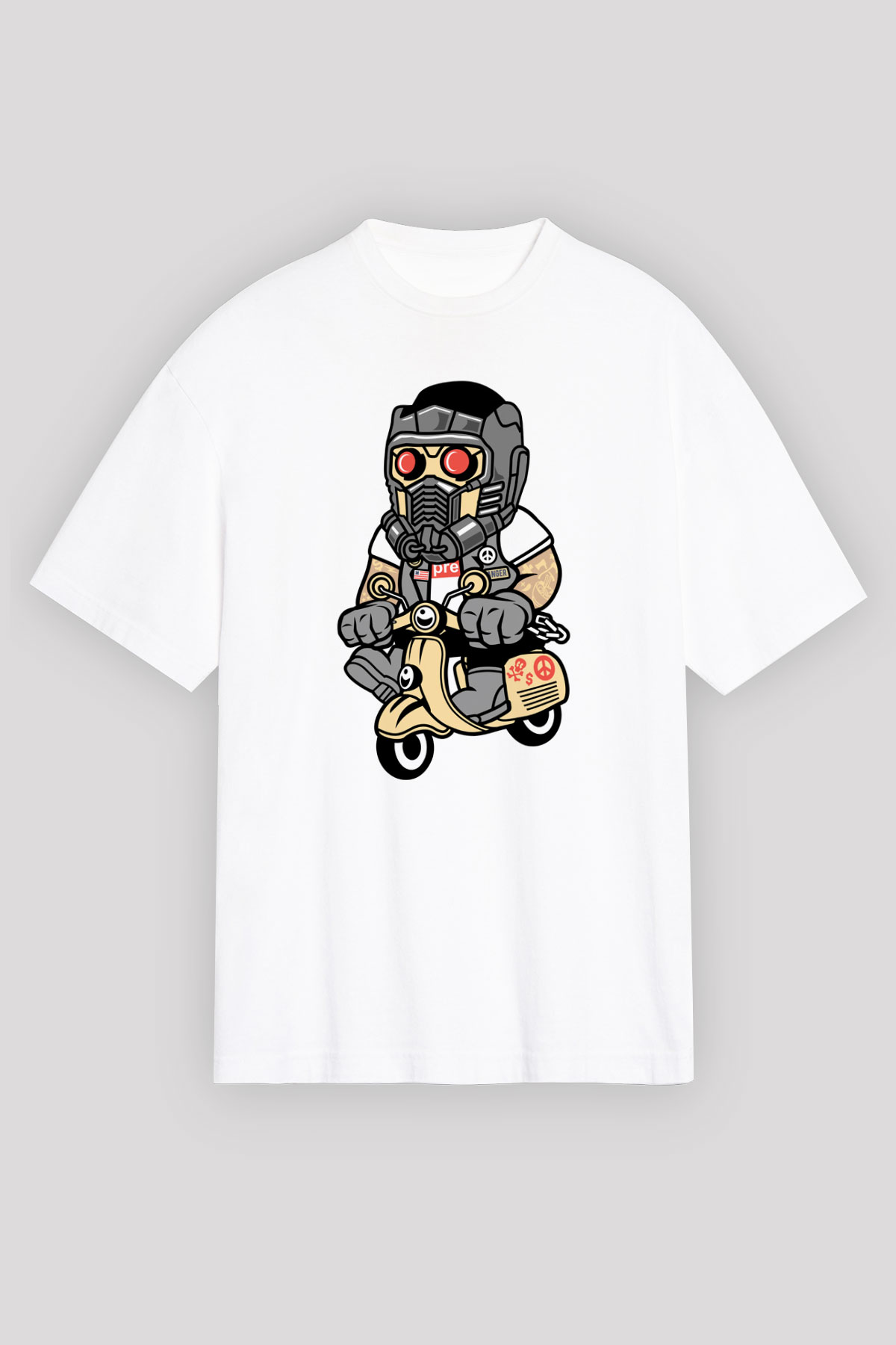 Star Lord Scooter Baskılı Beyaz Unisex Oversize Tişört