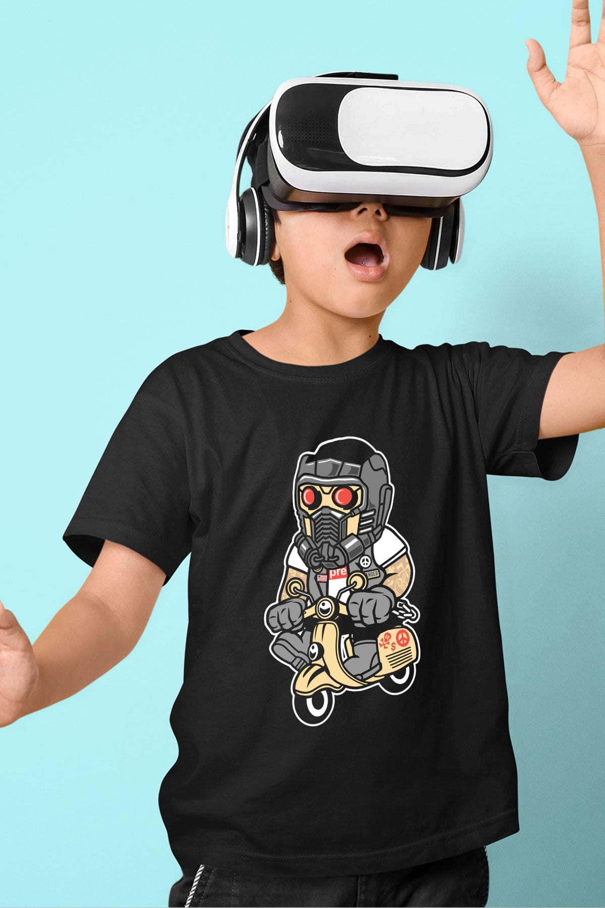 Star Lord Scooter Baskılı Siyah Çocuk Unisex Tişört