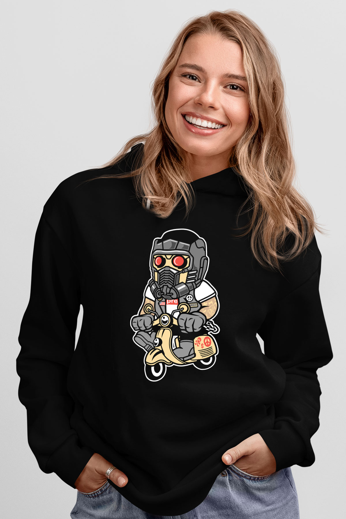 Star Lord Scooter Baskılı Siyah Unisex Hoodie