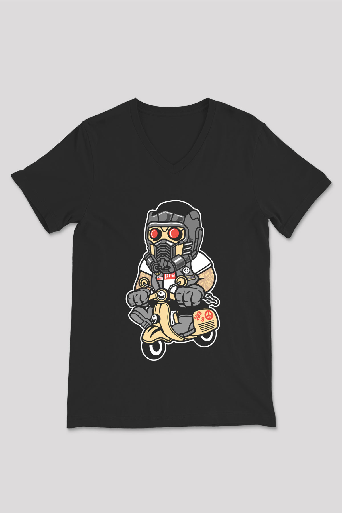 Star Lord Scooter Baskılı Siyah Unisex V Yaka Tişört