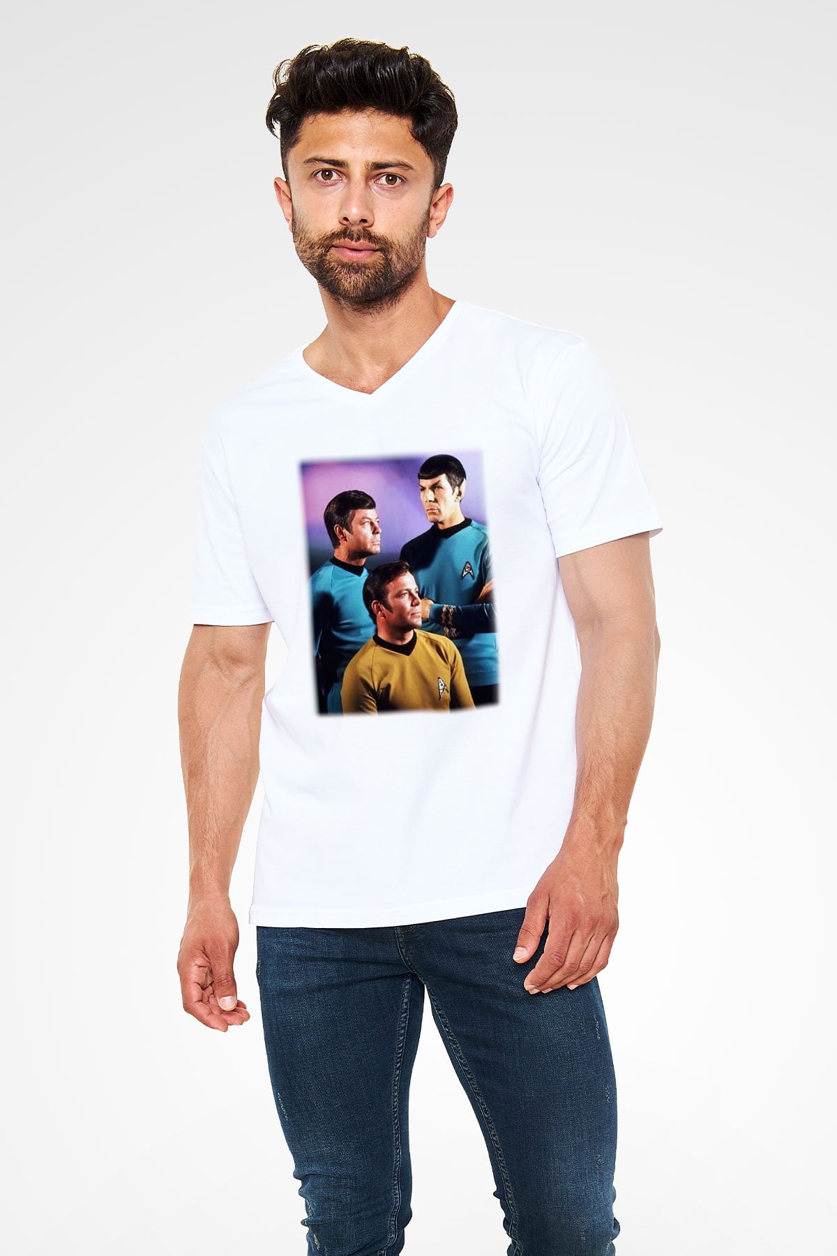 Star Trek Beyaz Unisex V Yaka Tişört T-Shirt