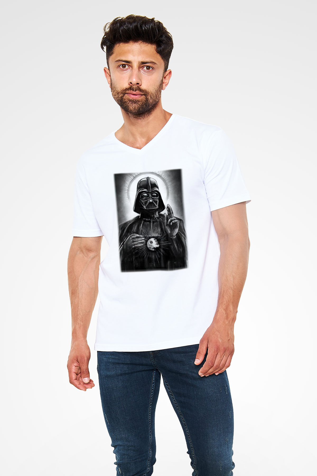 Star Wars Beyaz Unisex V Yaka Tişört T-Shirt
