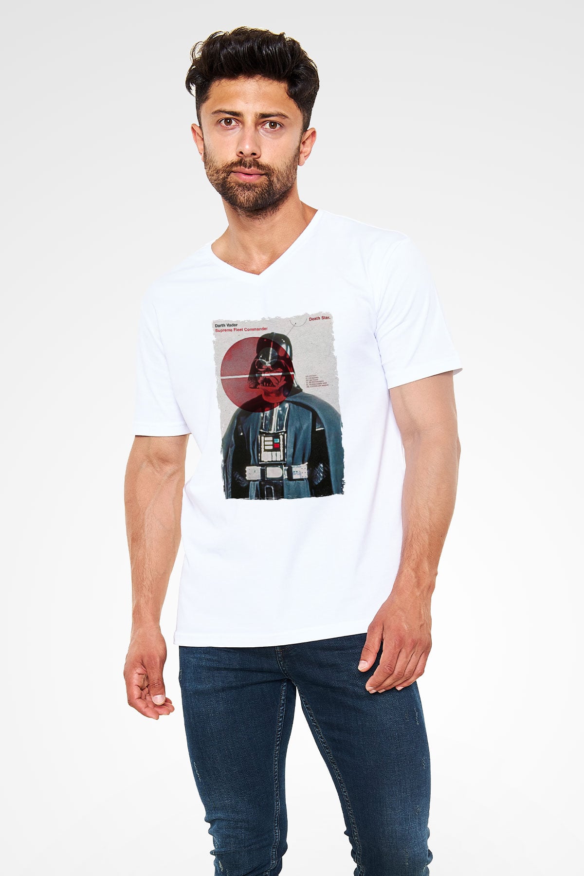 Star Wars (Dart Vader) Baskılı Beyaz Unisex V Yaka Tişört - Tshirt