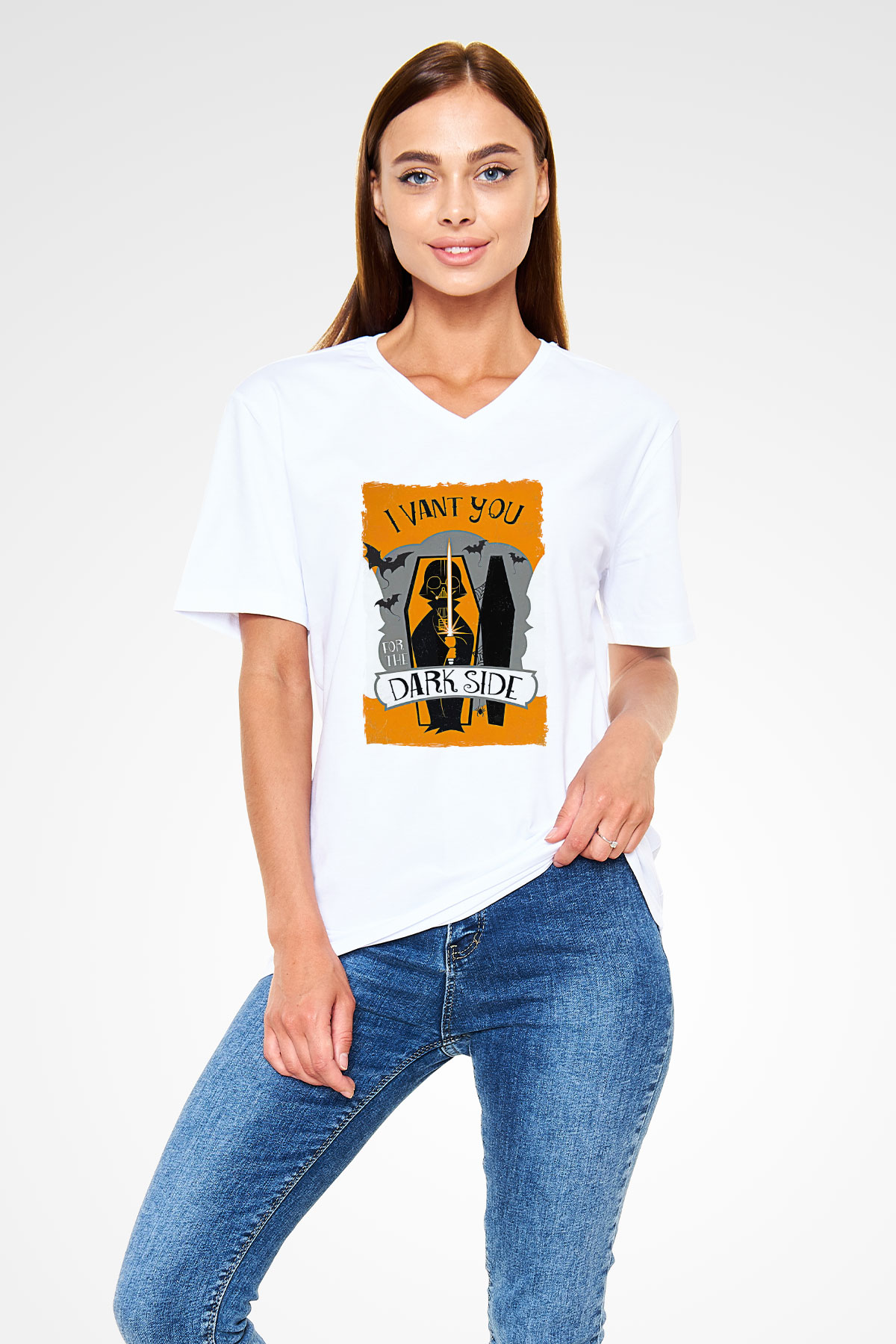 Star Wars (Dart Vader) Baskılı Beyaz Unisex V Yaka Tişört - Tshirt