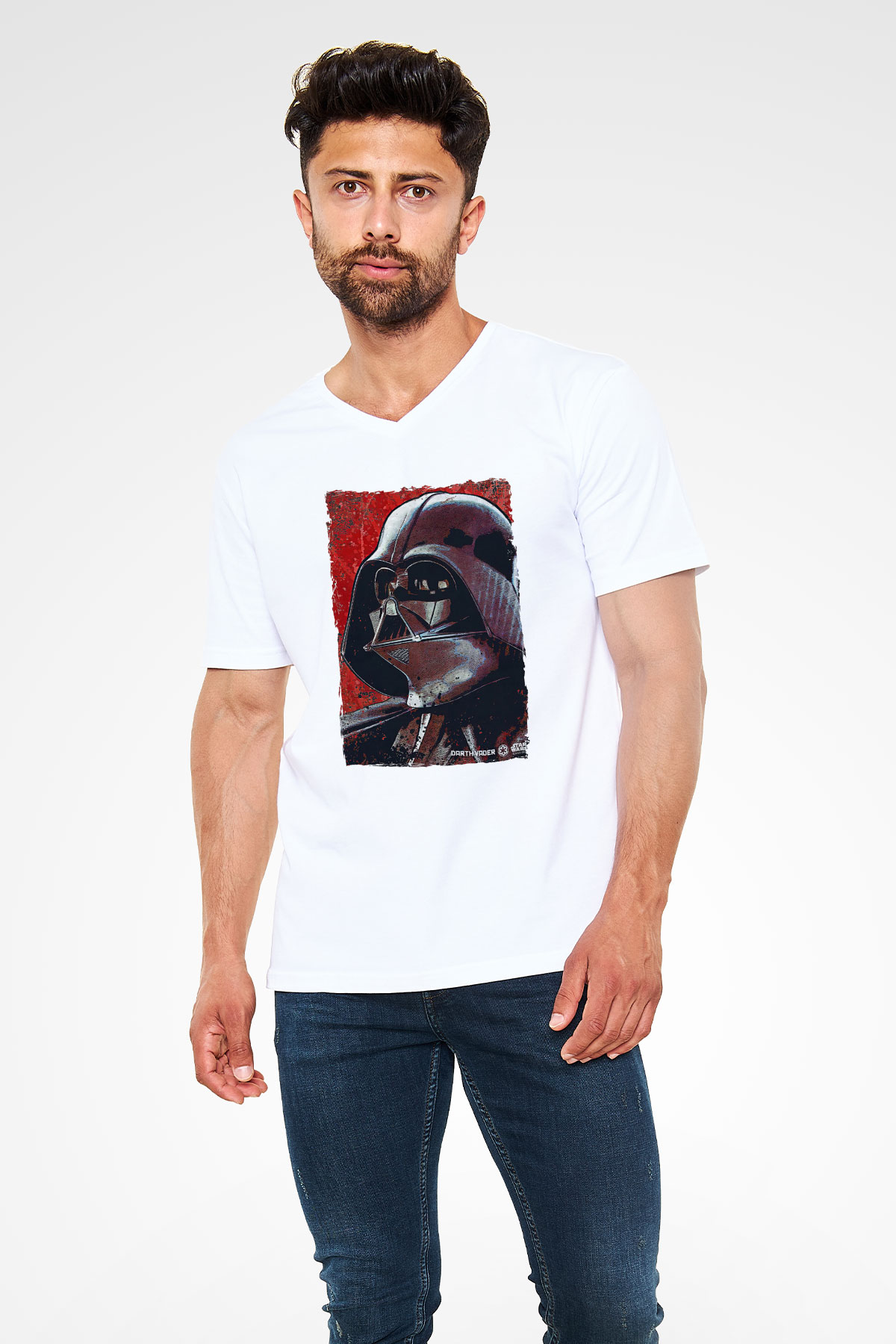 Star Wars (Dart Vader) Baskılı Beyaz Unisex V Yaka Tişört - Tshirt