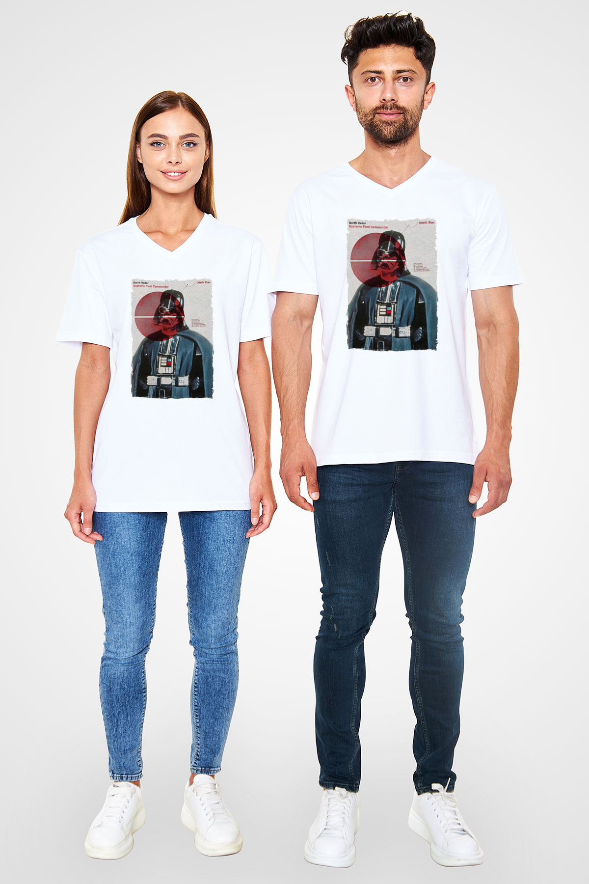 Star Wars (Dart Vader) Baskılı Beyaz Unisex V Yaka Tişört - Tshirt
